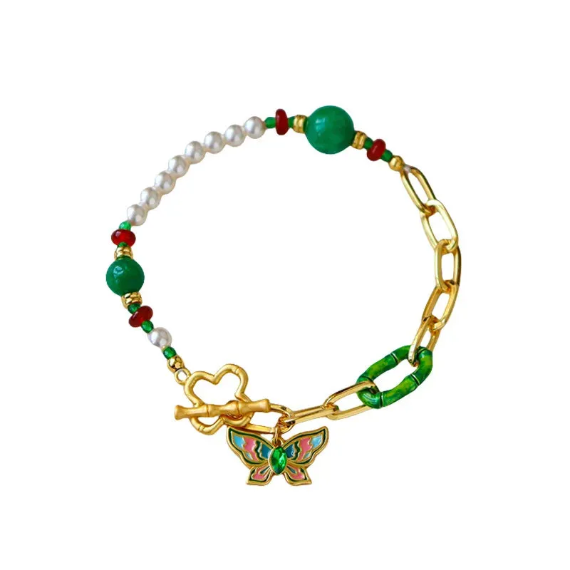 VAIGE Elegant Metal Butterfly Bracelet with Pearl Green Beads and Gold Box Chain