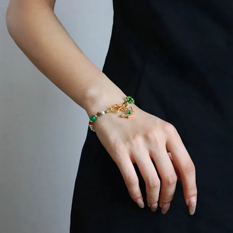 VAIGE Elegant Metal Butterfly Bracelet with Pearl Green Beads and Gold Box Chain