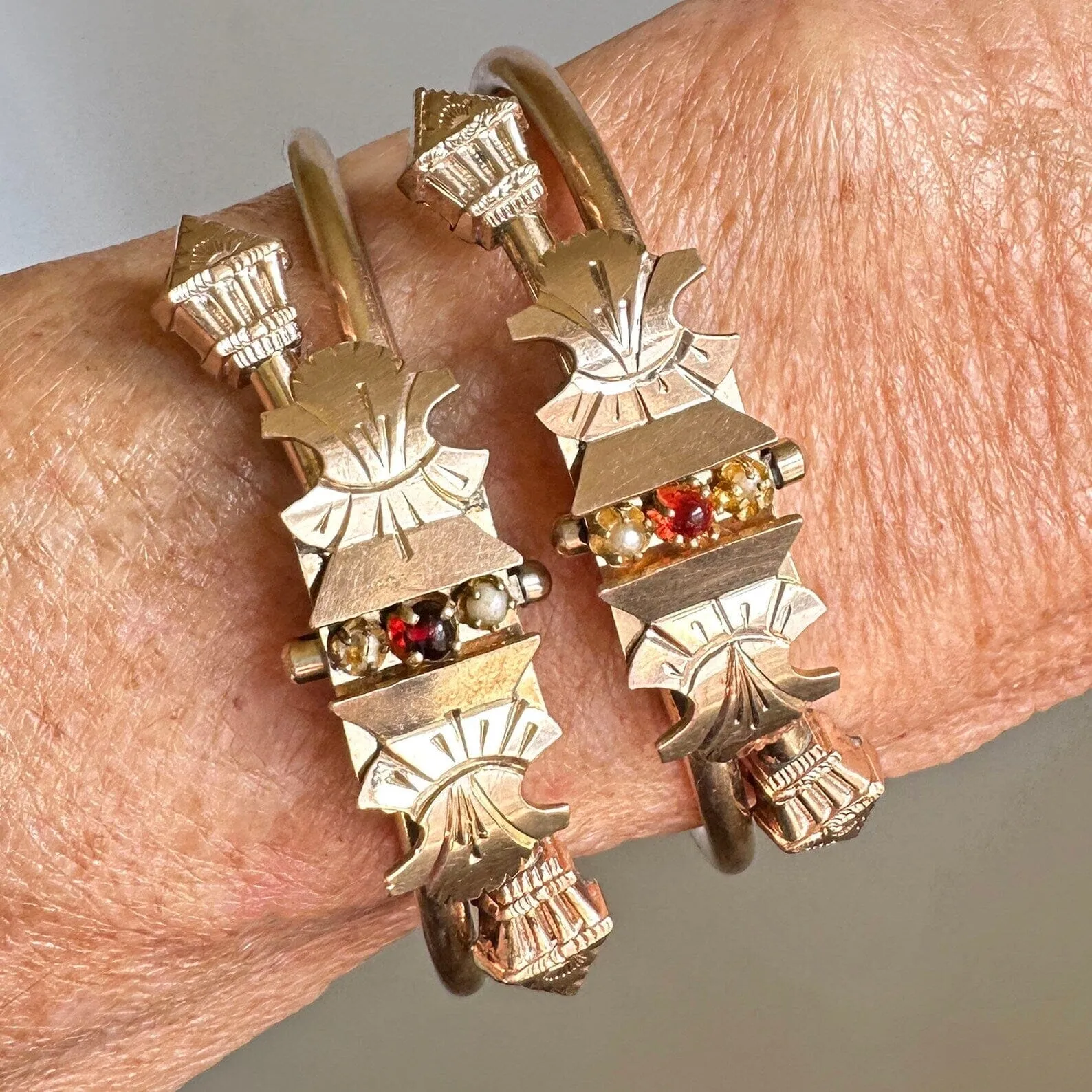 Victorian Wedding Bandle Bracelet w Garnet and Pearls