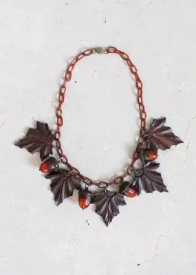 Vintage 1940s Fall Celluloid Acorns and Wood Leaves Necklace