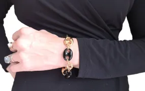 Vintage 1980s Onyx Puffed Anchor Mariner Link Bracelet 18k Gold