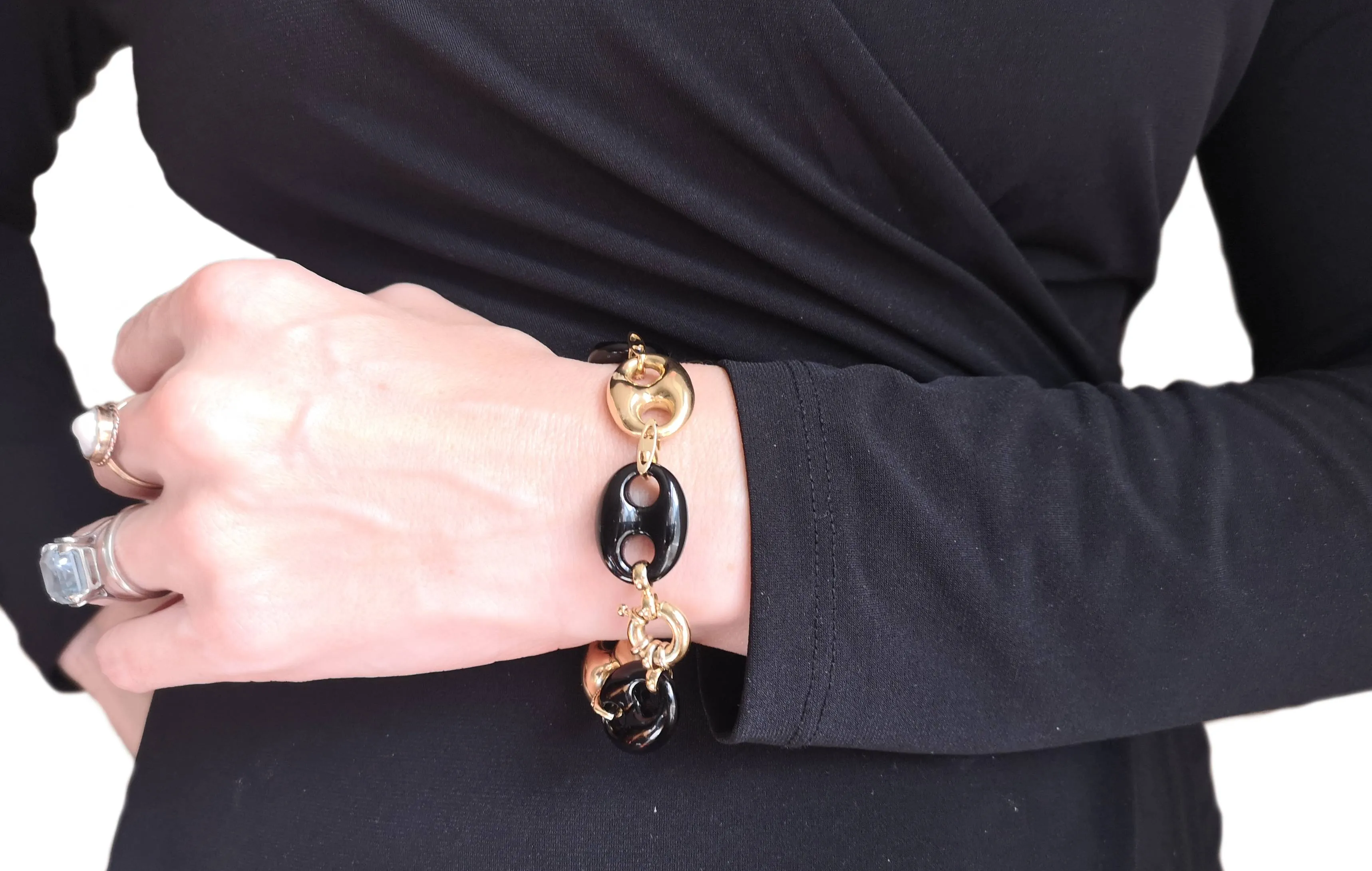Vintage 1980s Onyx Puffed Anchor Mariner Link Bracelet 18k Gold