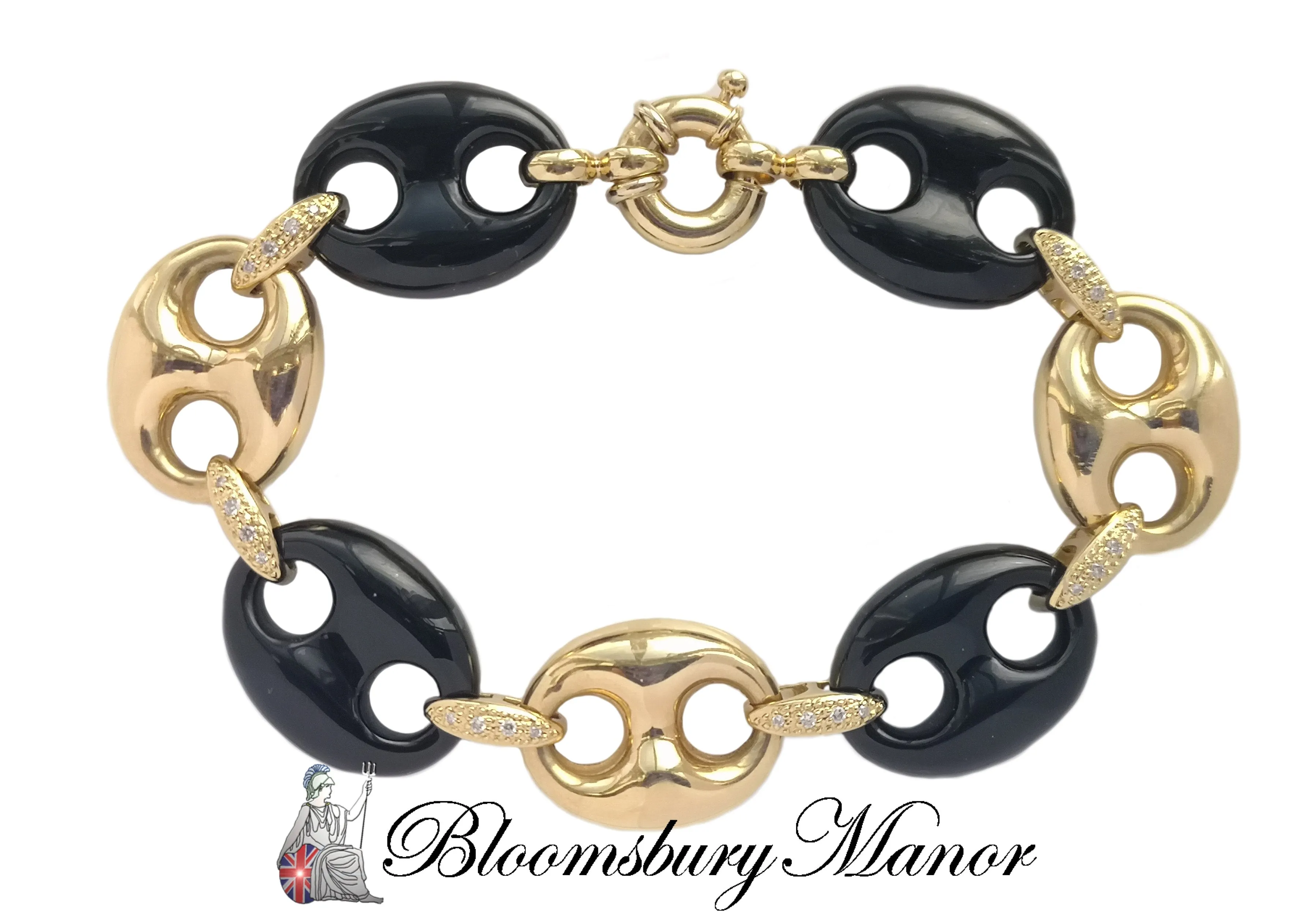 Vintage 1980s Onyx Puffed Anchor Mariner Link Bracelet 18k Gold