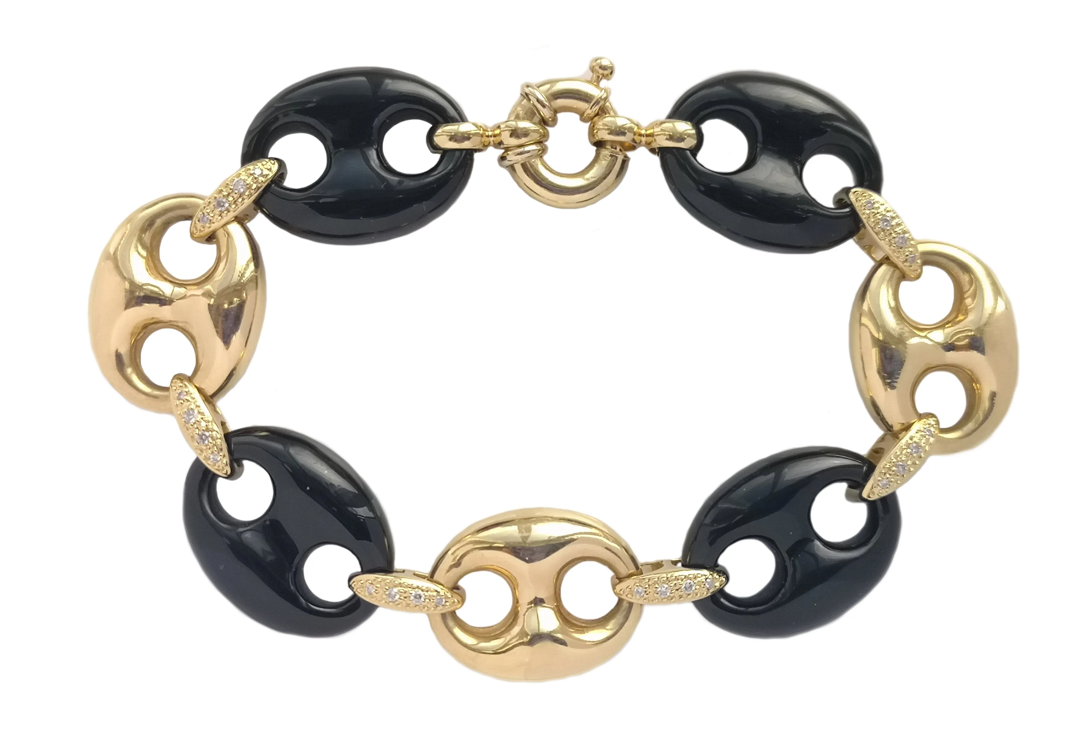 Vintage 1980s Onyx Puffed Anchor Mariner Link Bracelet 18k Gold