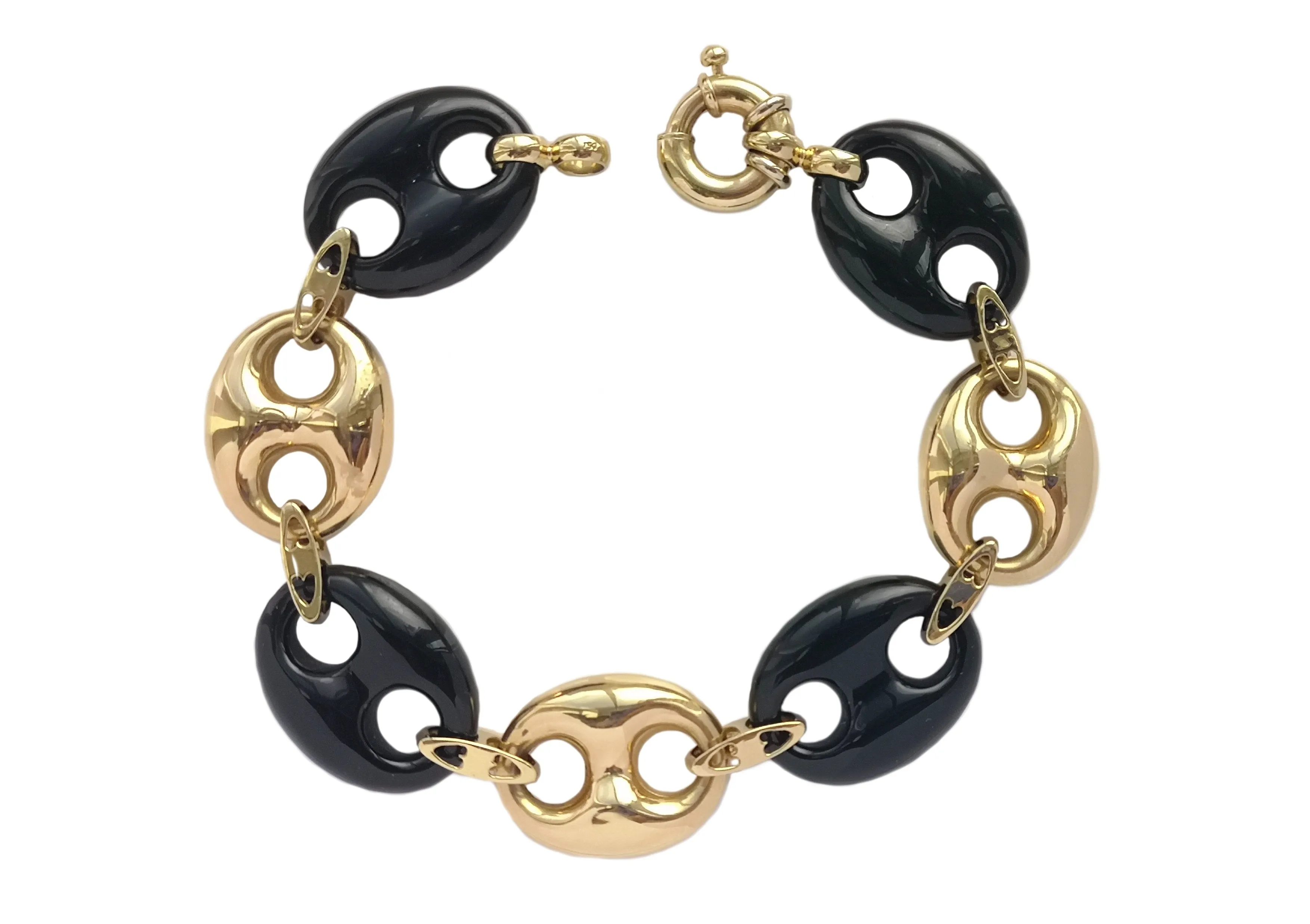 Vintage 1980s Onyx Puffed Anchor Mariner Link Bracelet 18k Gold