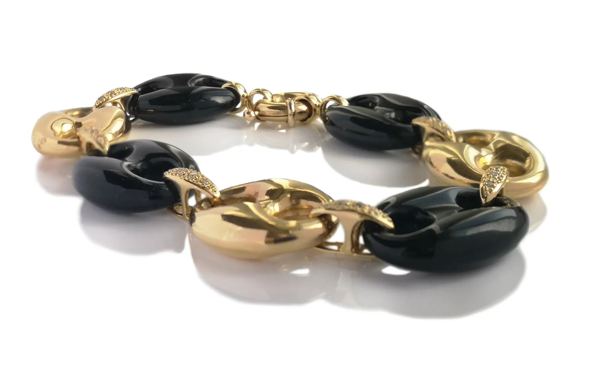 Vintage 1980s Onyx Puffed Anchor Mariner Link Bracelet 18k Gold