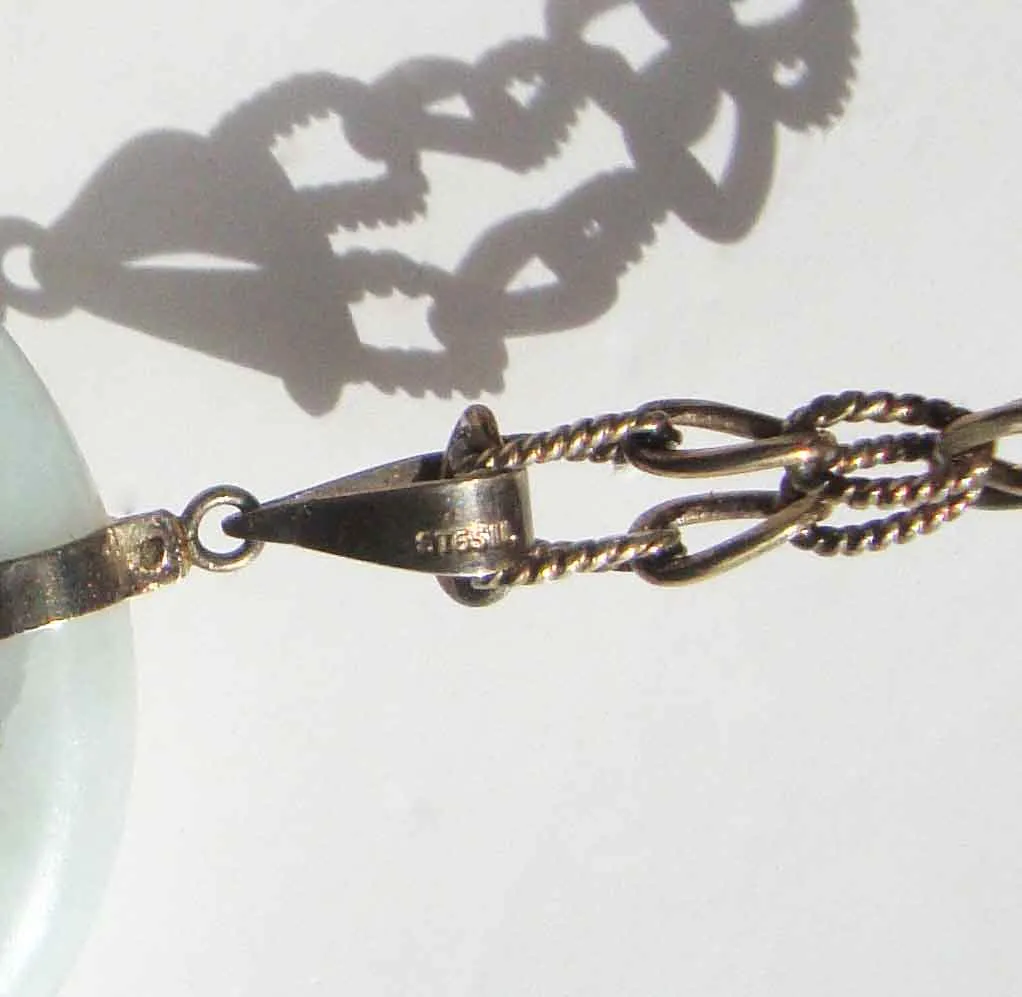 Vintage Chinese Zodiac Jade & Silver Ox Bull Donut Ring Pendant Necklace
