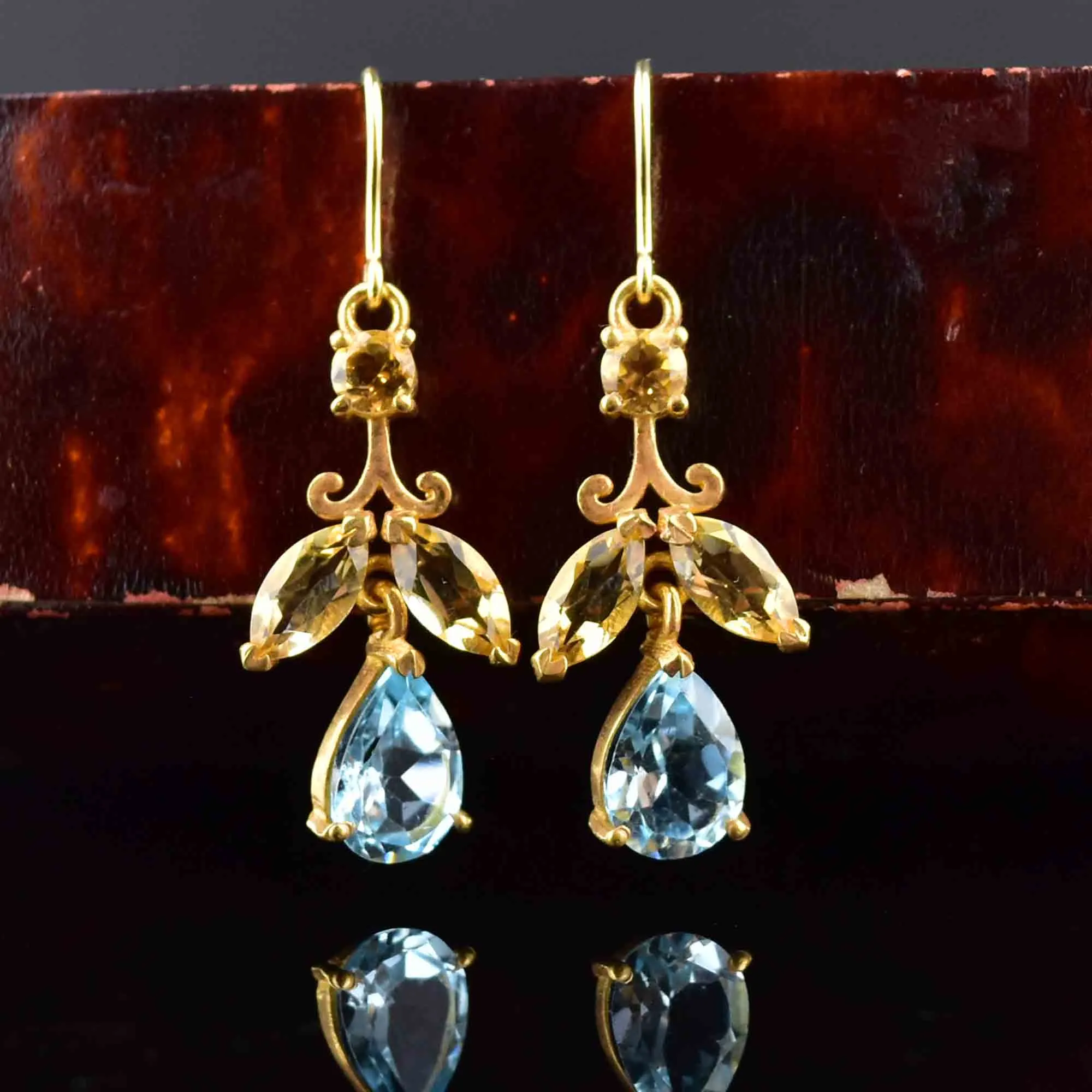 Vintage Gold Citrine Blue Topaz Leaf Earrings
