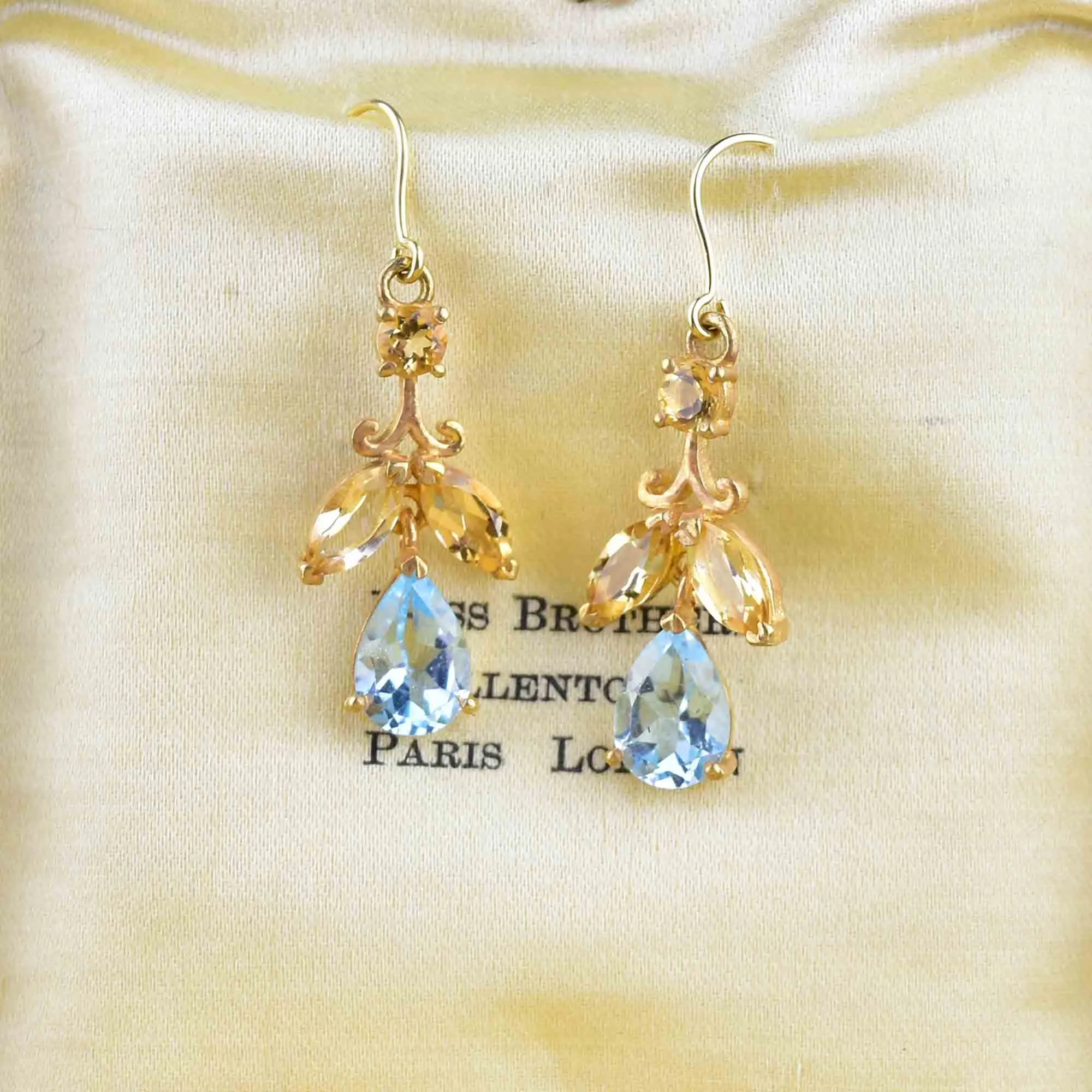 Vintage Gold Citrine Blue Topaz Leaf Earrings