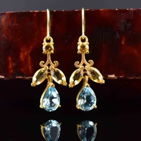 Vintage Gold Citrine Blue Topaz Leaf Earrings