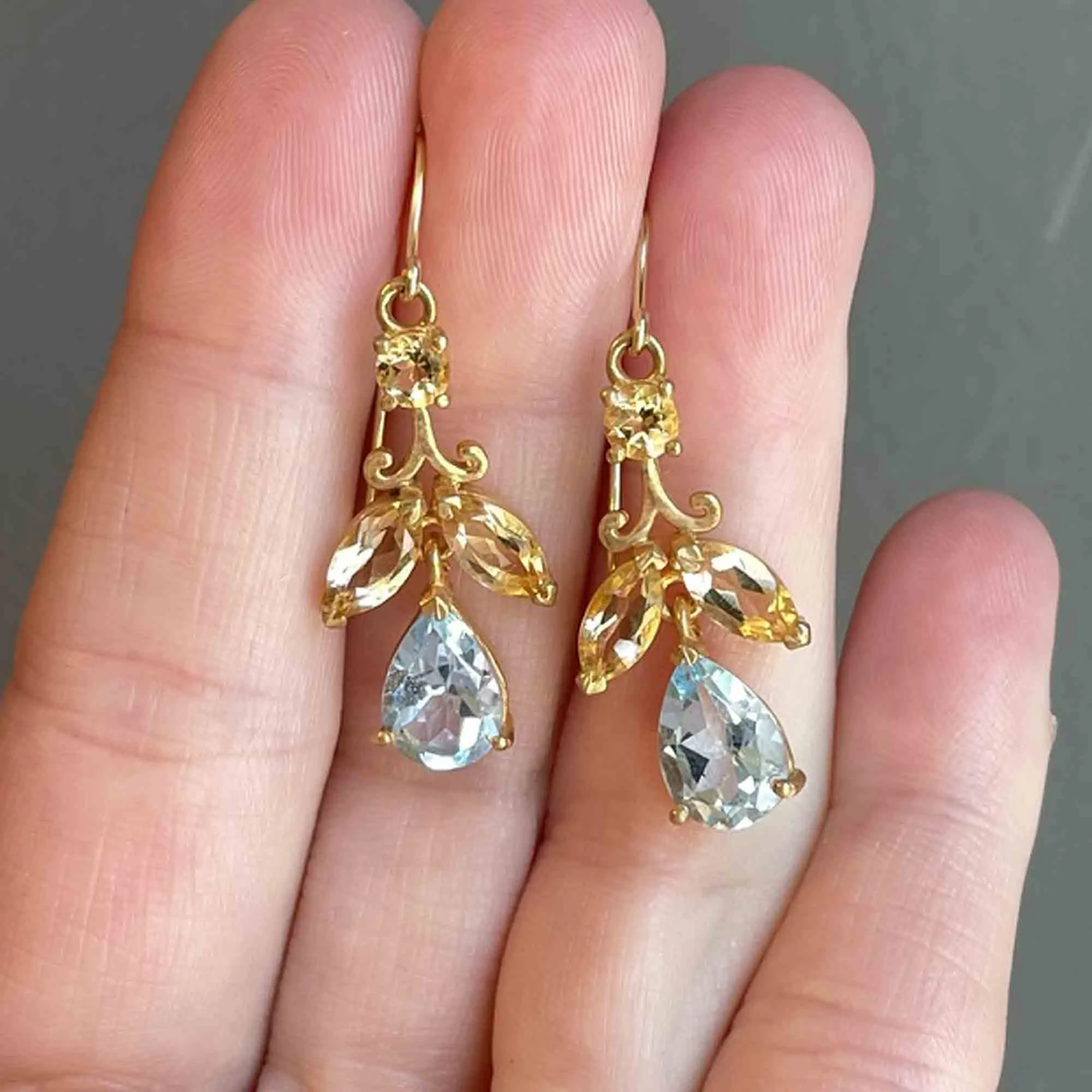 Vintage Gold Citrine Blue Topaz Leaf Earrings