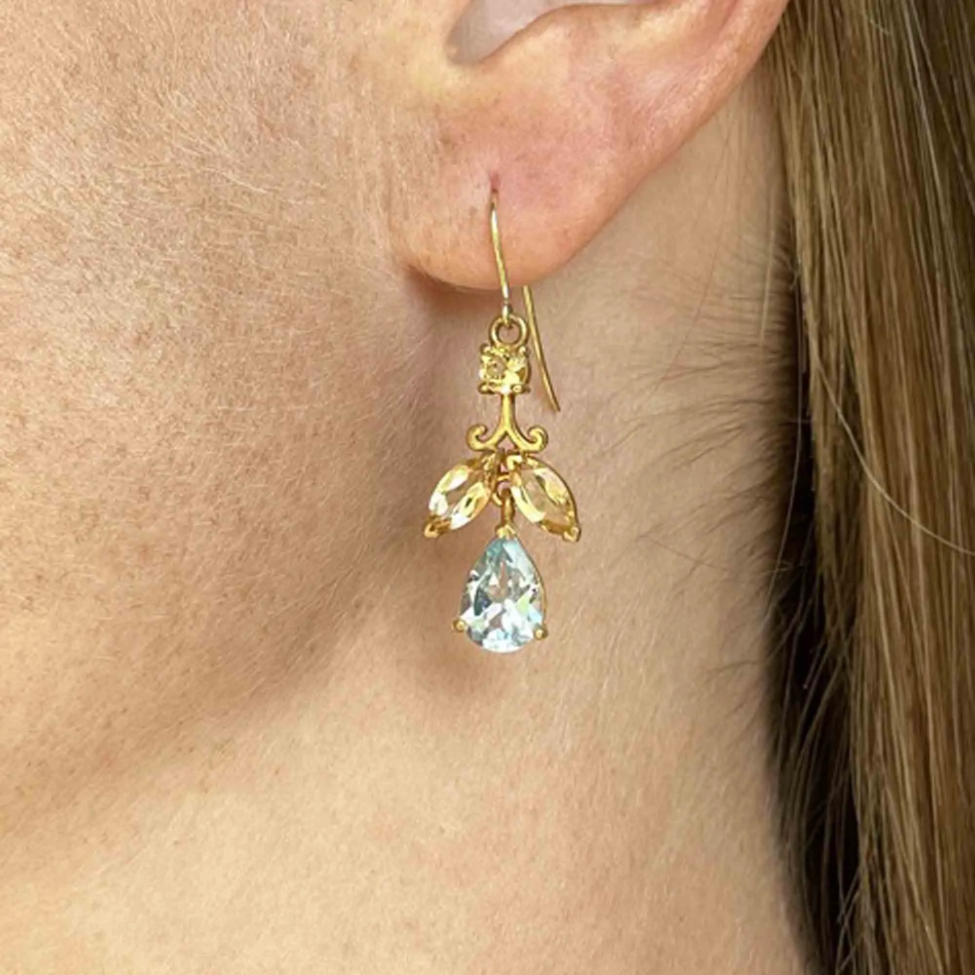 Vintage Gold Citrine Blue Topaz Leaf Earrings