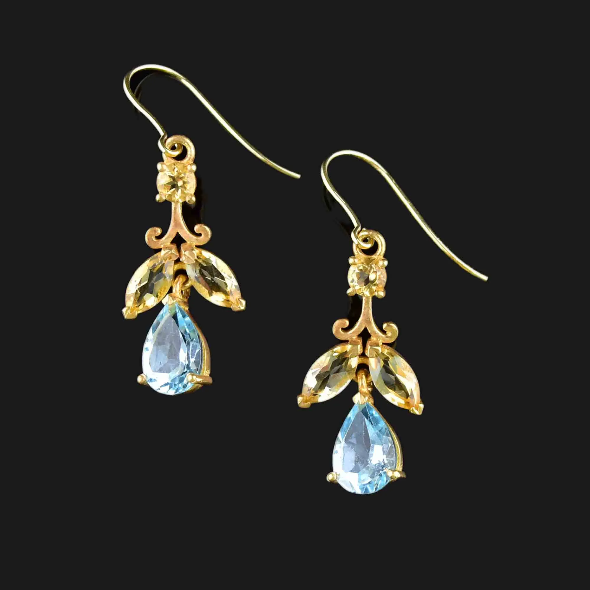 Vintage Gold Citrine Blue Topaz Leaf Earrings