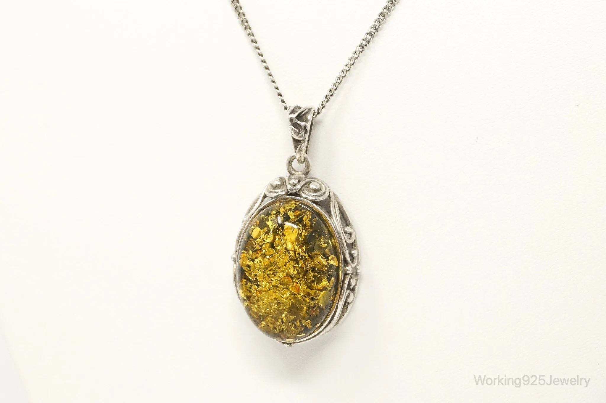 Vintage Large Honey Amber Modernist Sterling Silver Necklace
