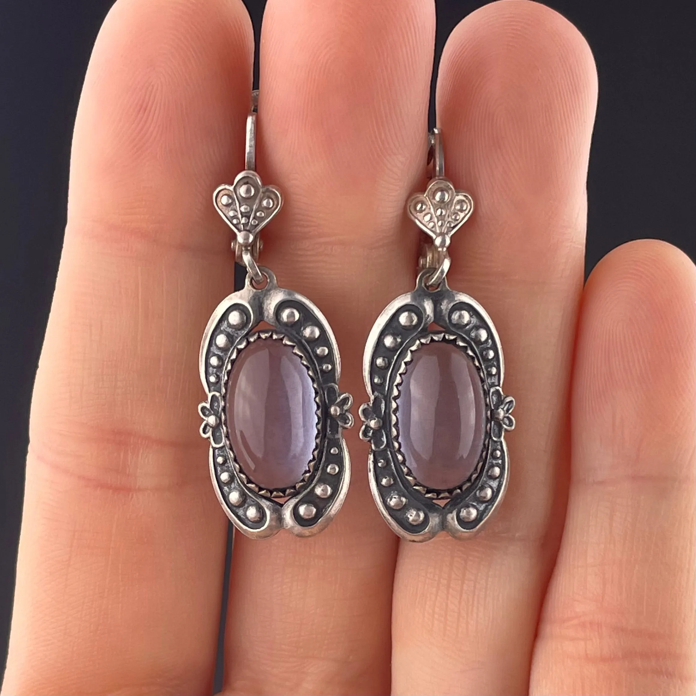 Vintage Moonstone Cabochon Silver Earrings