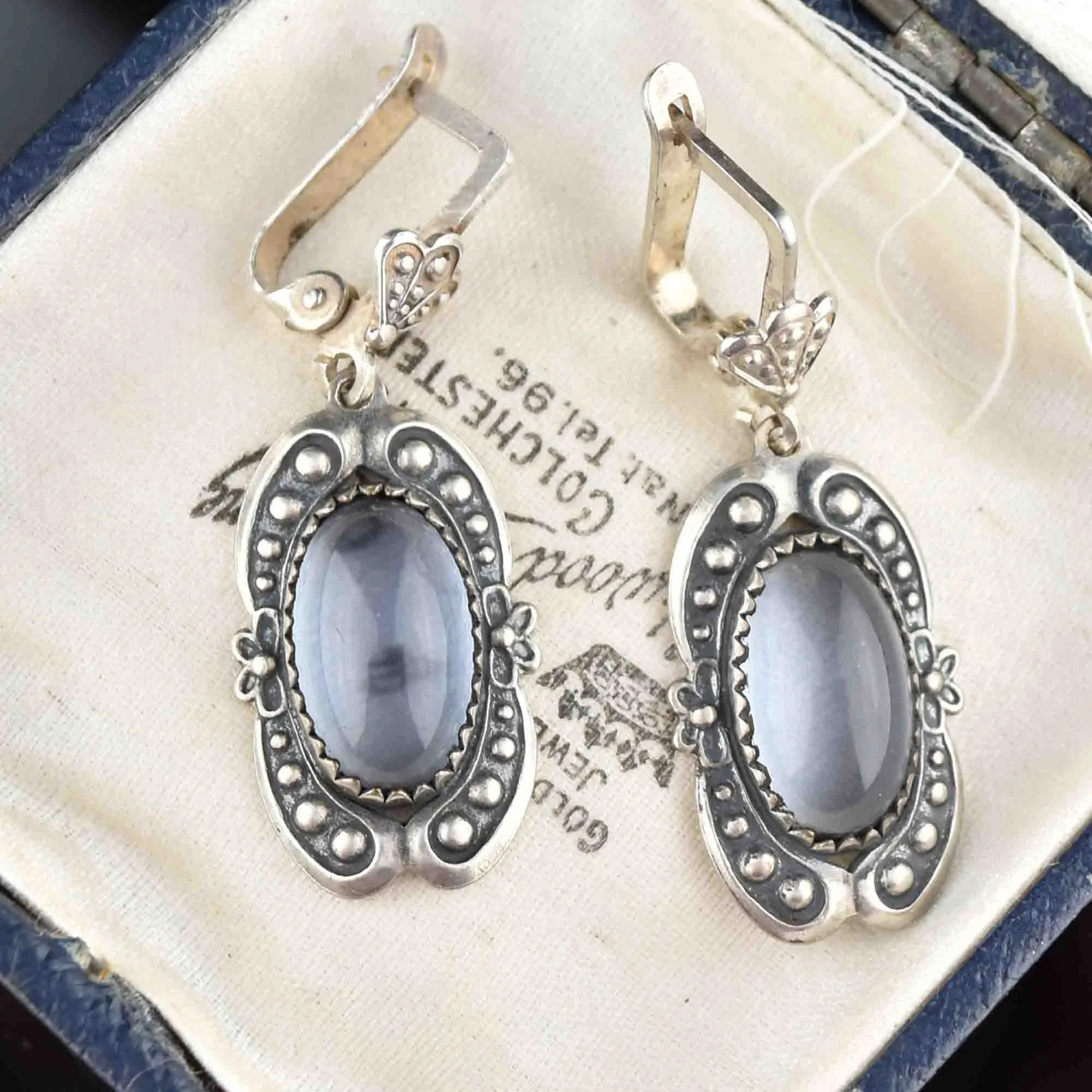 Vintage Moonstone Cabochon Silver Earrings