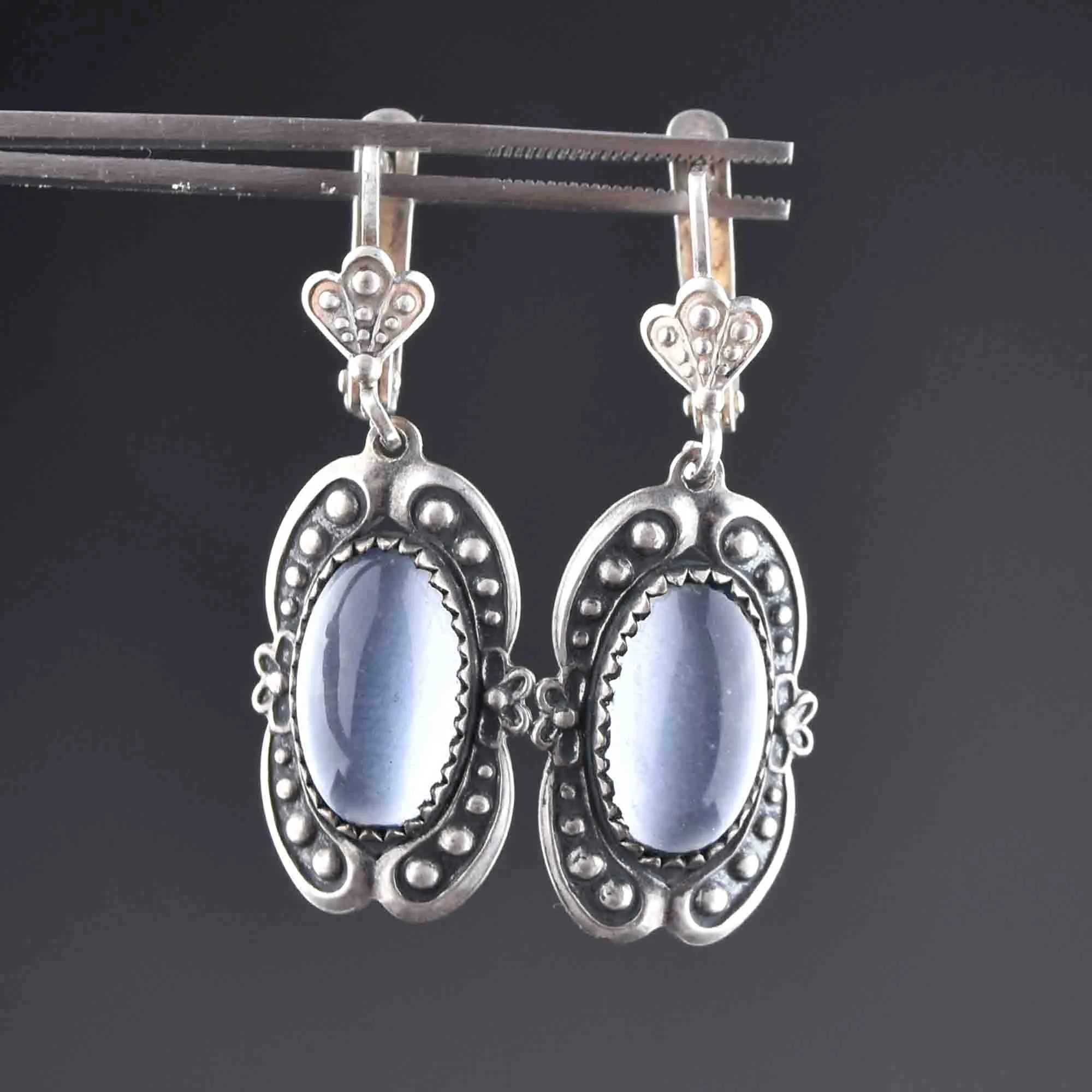 Vintage Moonstone Cabochon Silver Earrings