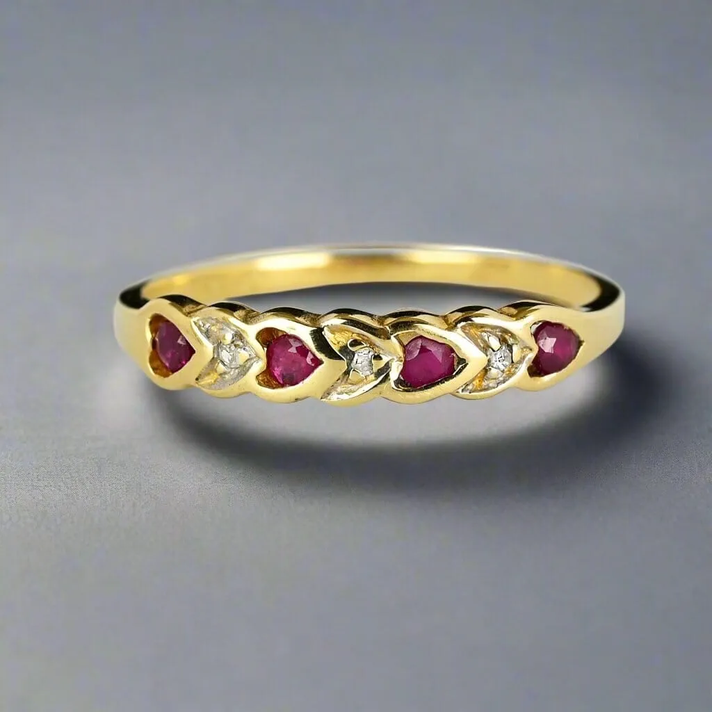 Vintage Ruby Diamond Heart Ring Band in 10K Gold