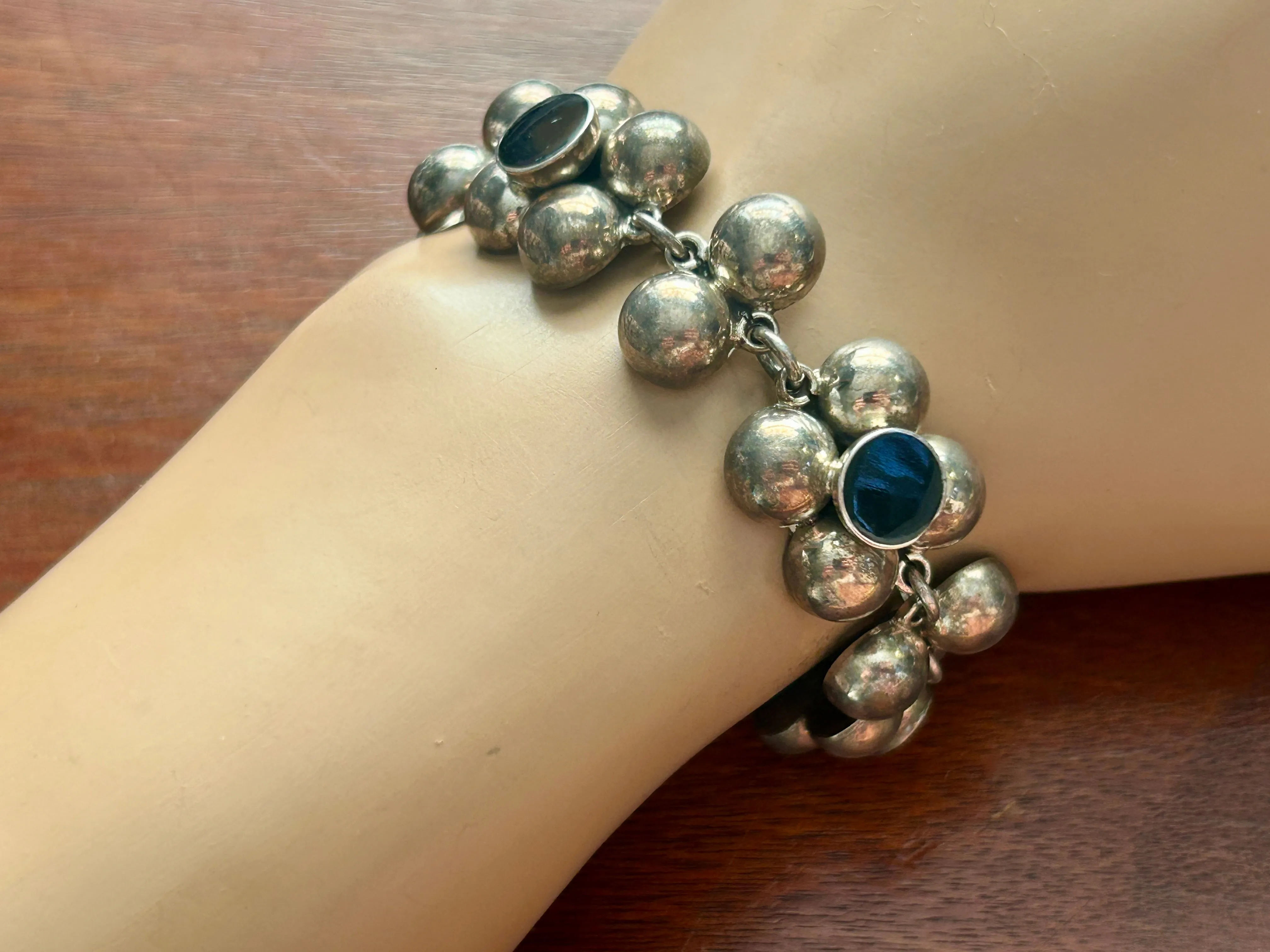 Vintage Sterling Silver 925 Taxco TM-21 Puffy Link Onxy Bracelet