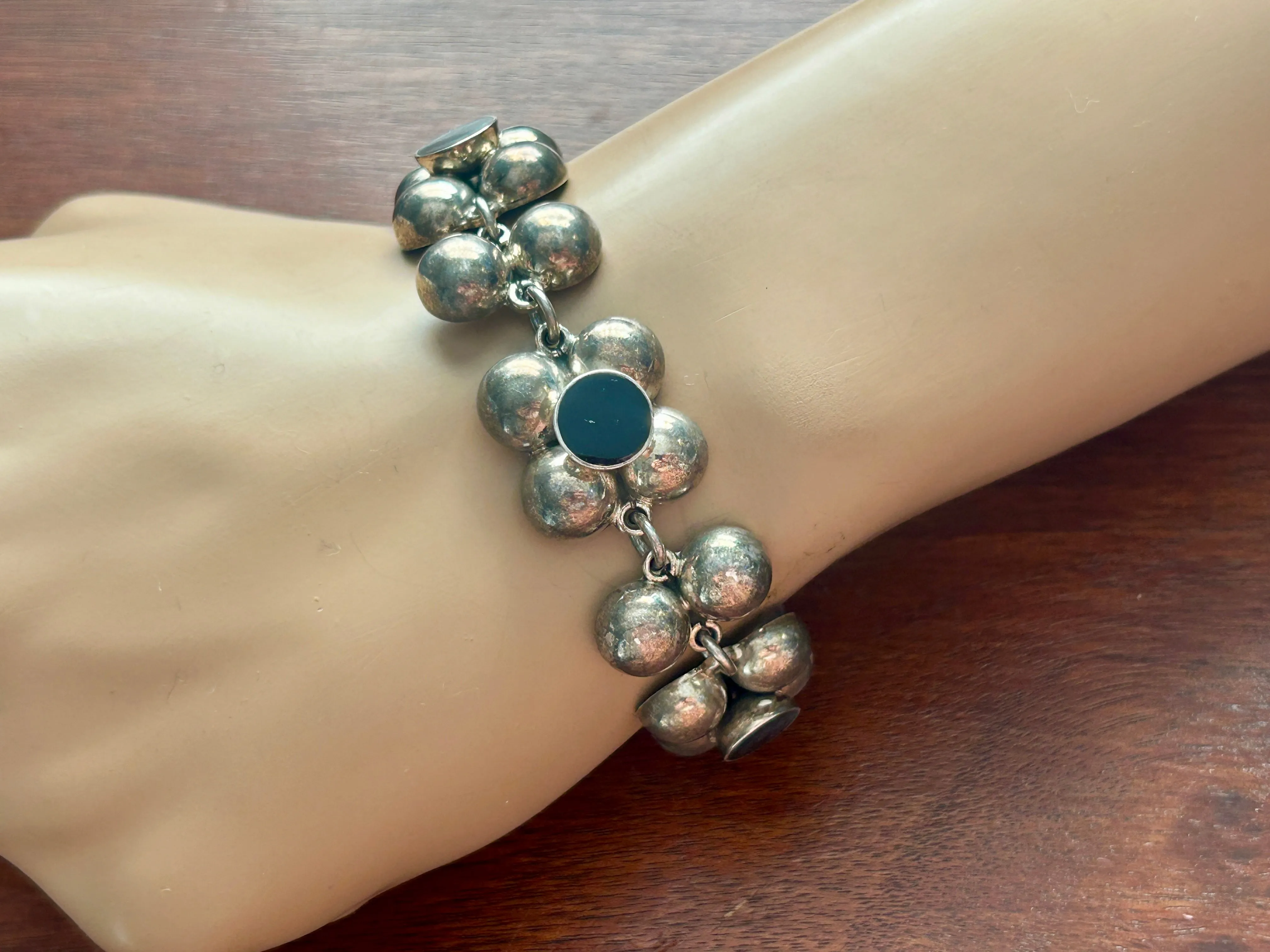 Vintage Sterling Silver 925 Taxco TM-21 Puffy Link Onxy Bracelet