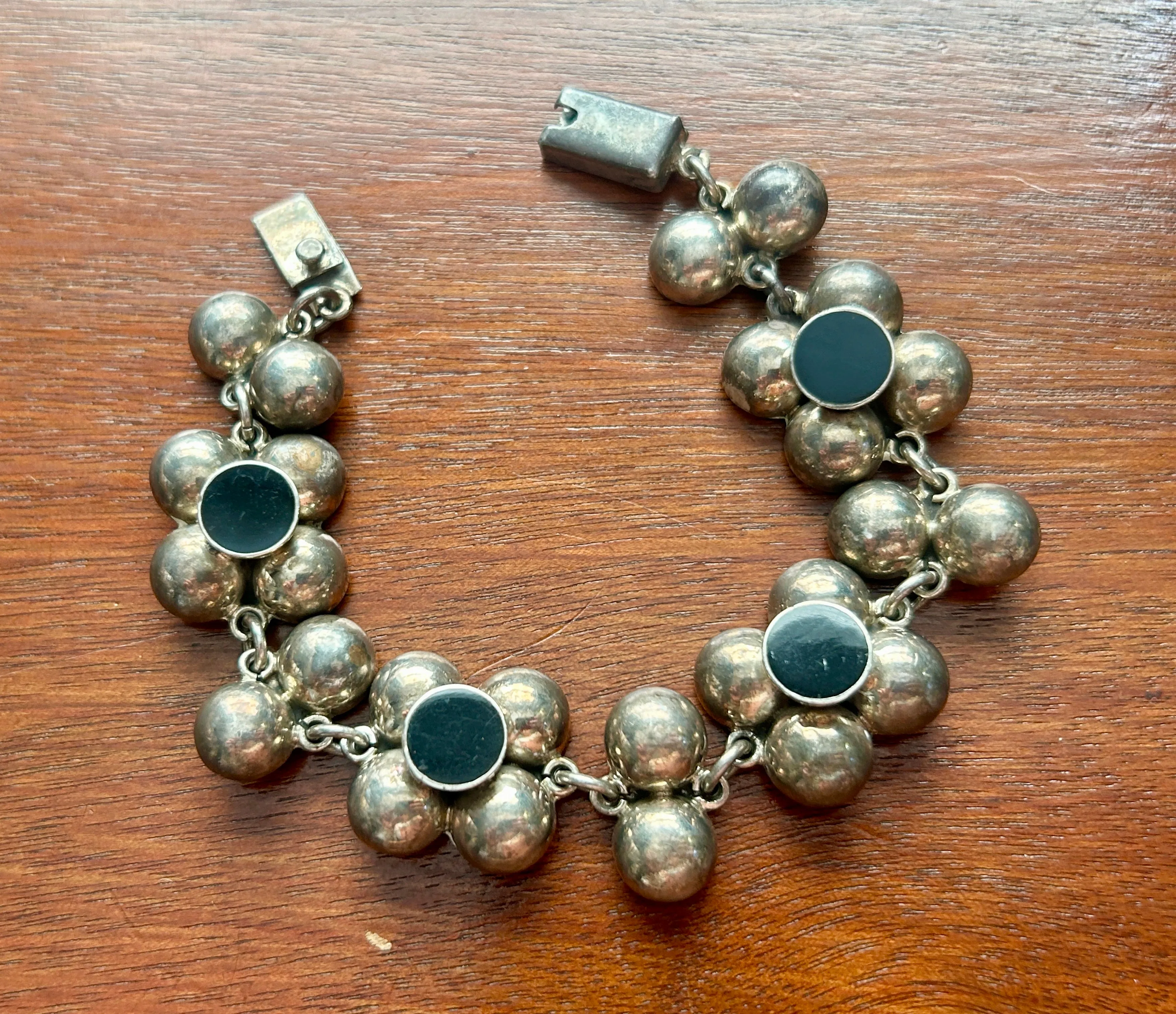Vintage Sterling Silver 925 Taxco TM-21 Puffy Link Onxy Bracelet