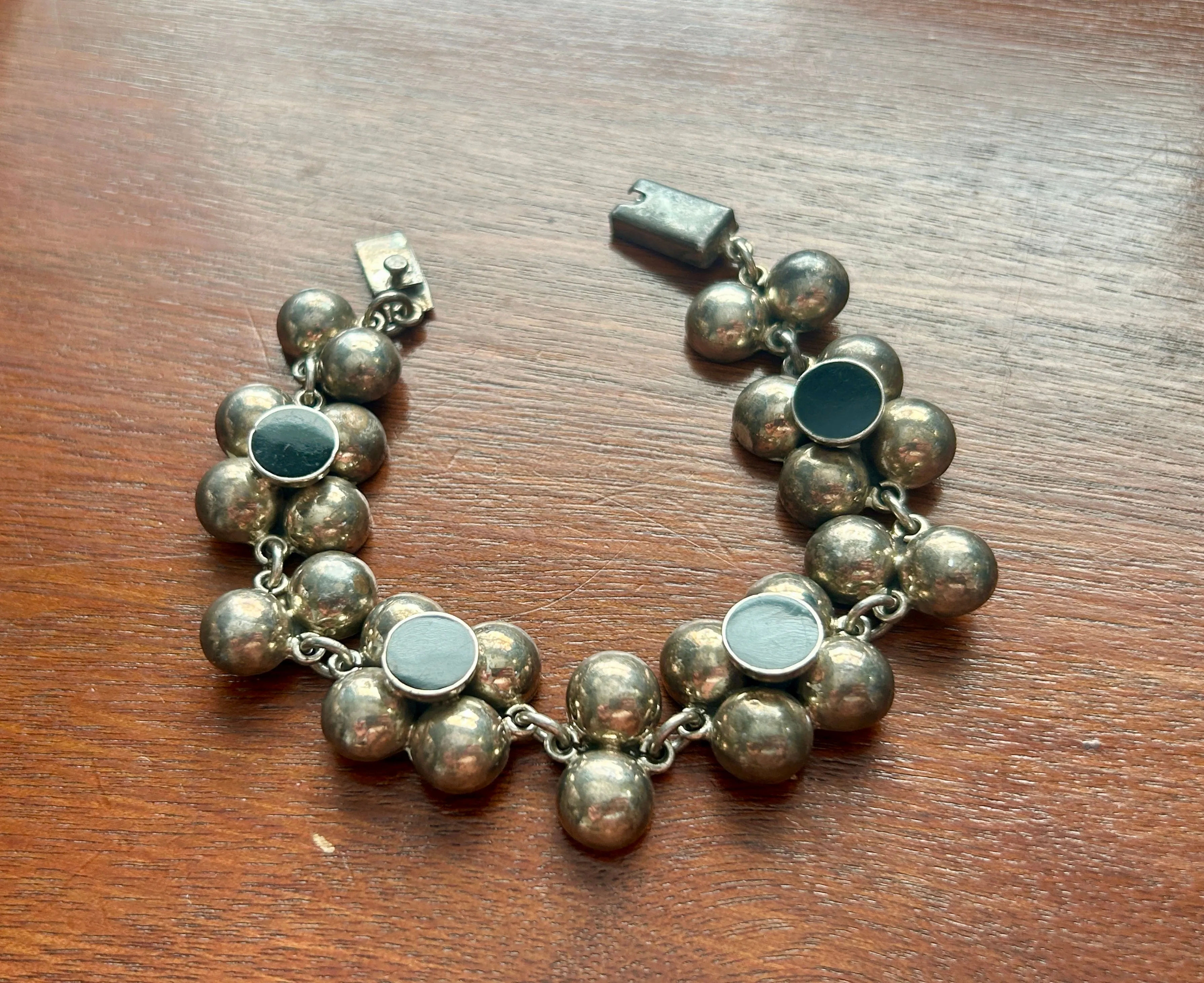 Vintage Sterling Silver 925 Taxco TM-21 Puffy Link Onxy Bracelet