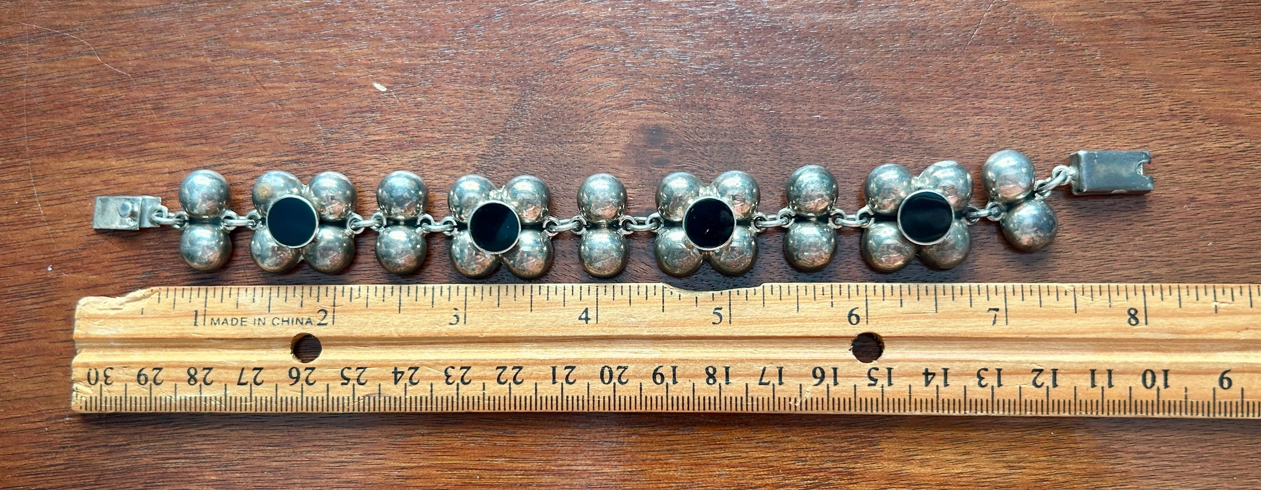Vintage Sterling Silver 925 Taxco TM-21 Puffy Link Onxy Bracelet