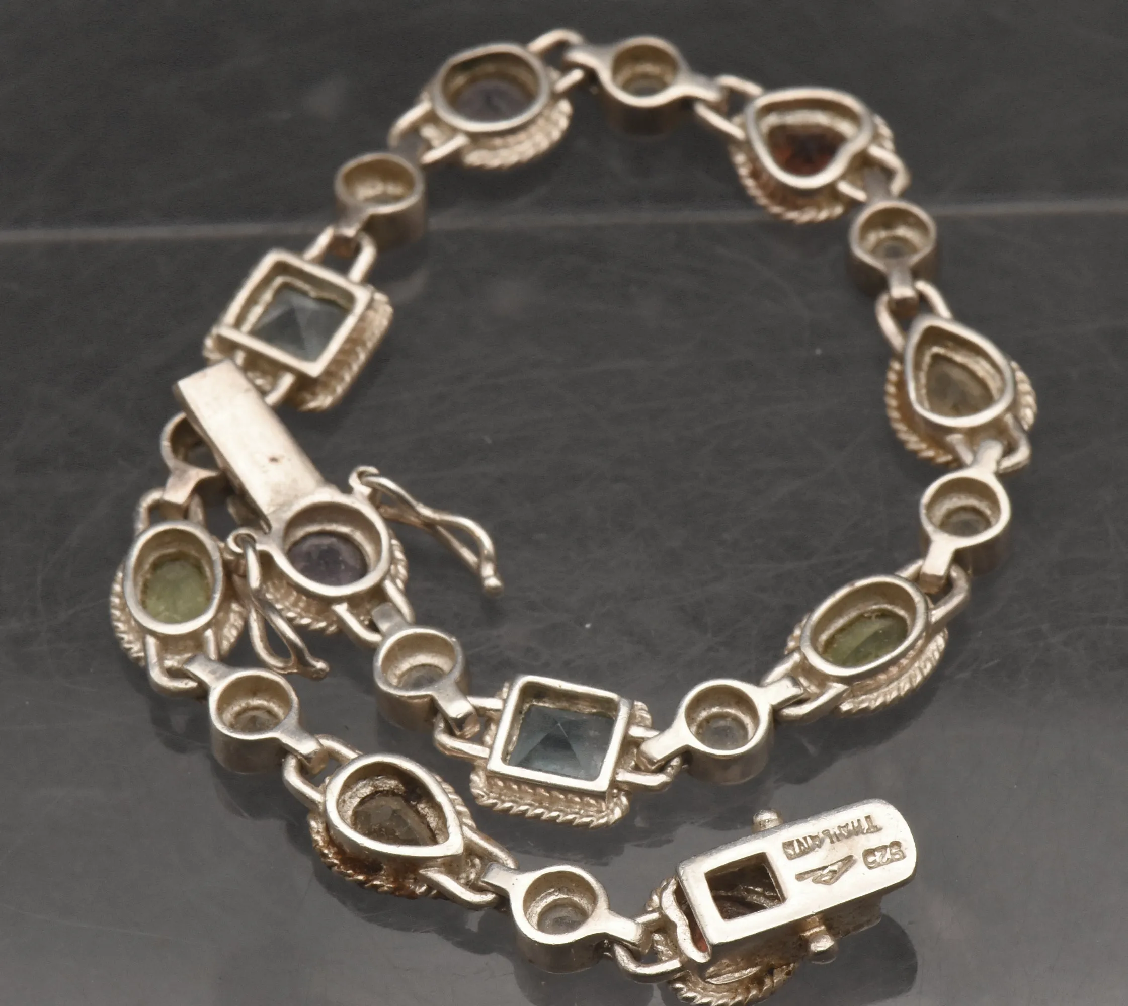 Vintage Sterling Silver Multi-Gemstone Link Bracelet - 7.25"