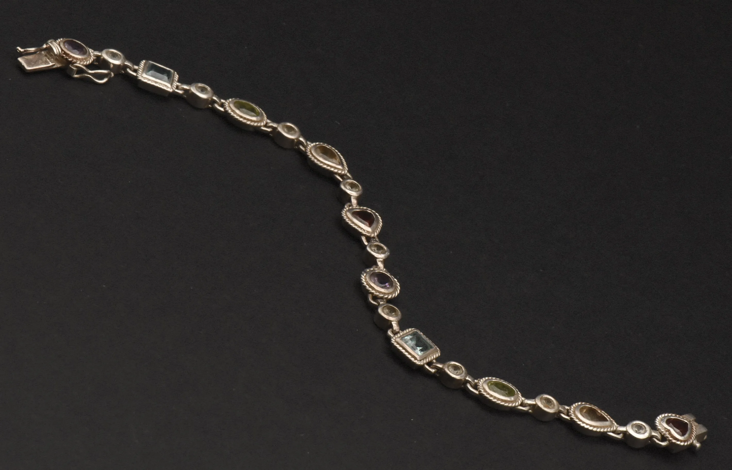 Vintage Sterling Silver Multi-Gemstone Link Bracelet - 7.25"