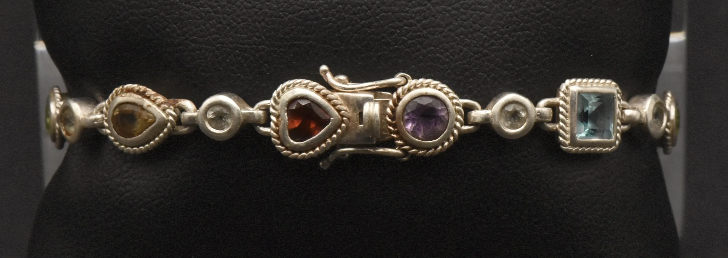 Vintage Sterling Silver Multi-Gemstone Link Bracelet - 7.25"