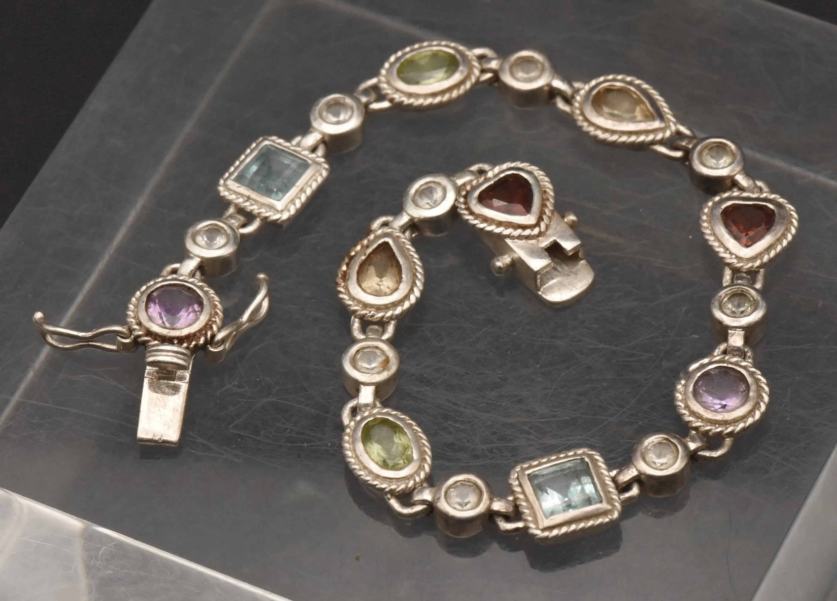 Vintage Sterling Silver Multi-Gemstone Link Bracelet - 7.25"