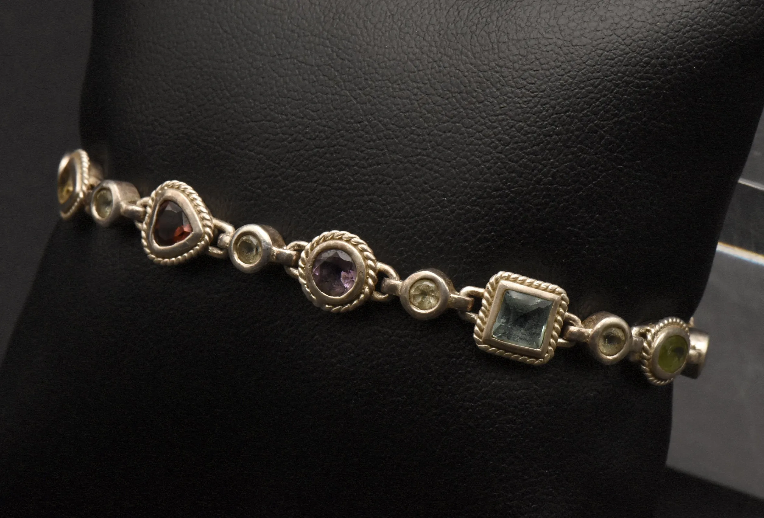 Vintage Sterling Silver Multi-Gemstone Link Bracelet - 7.25"
