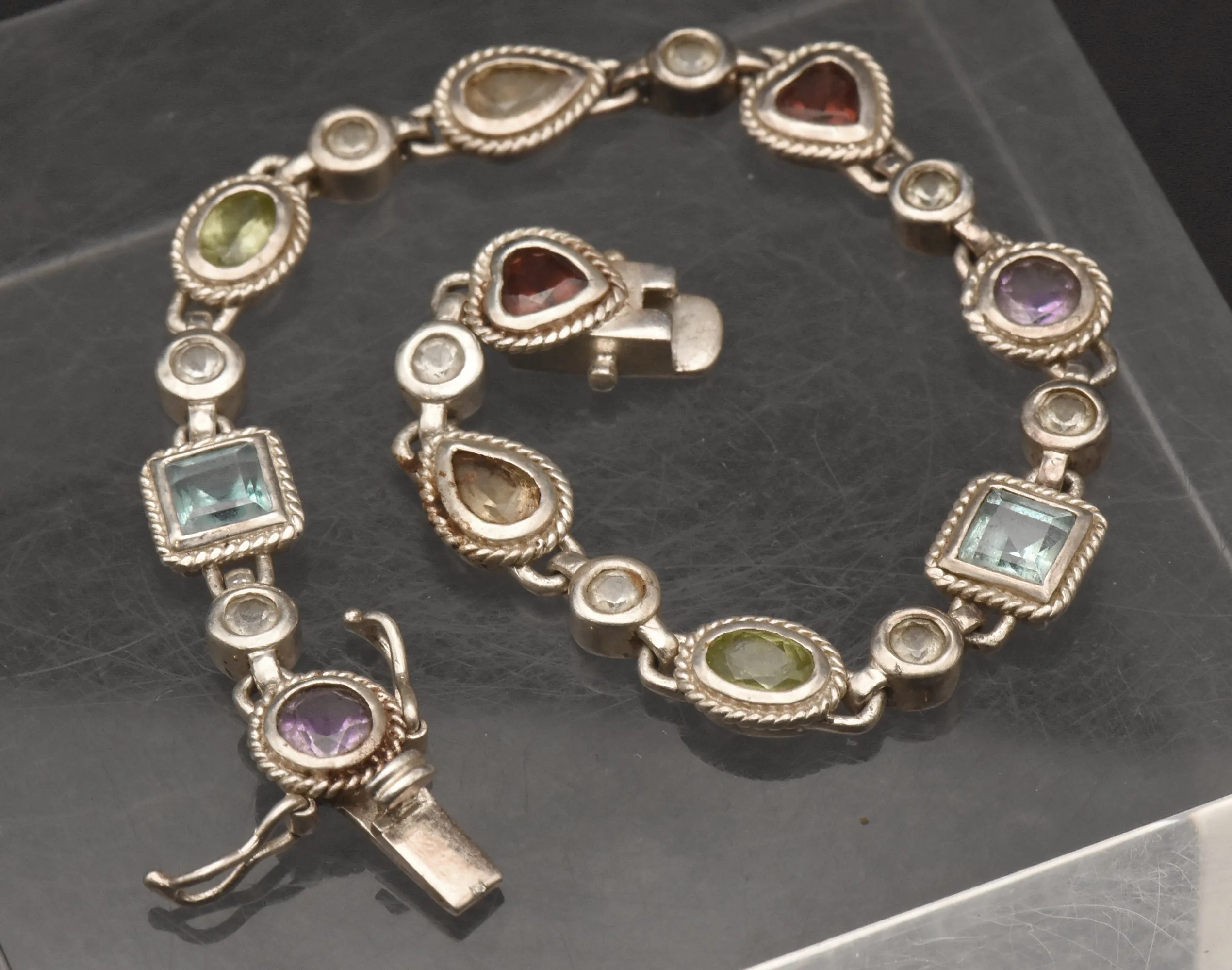 Vintage Sterling Silver Multi-Gemstone Link Bracelet - 7.25"