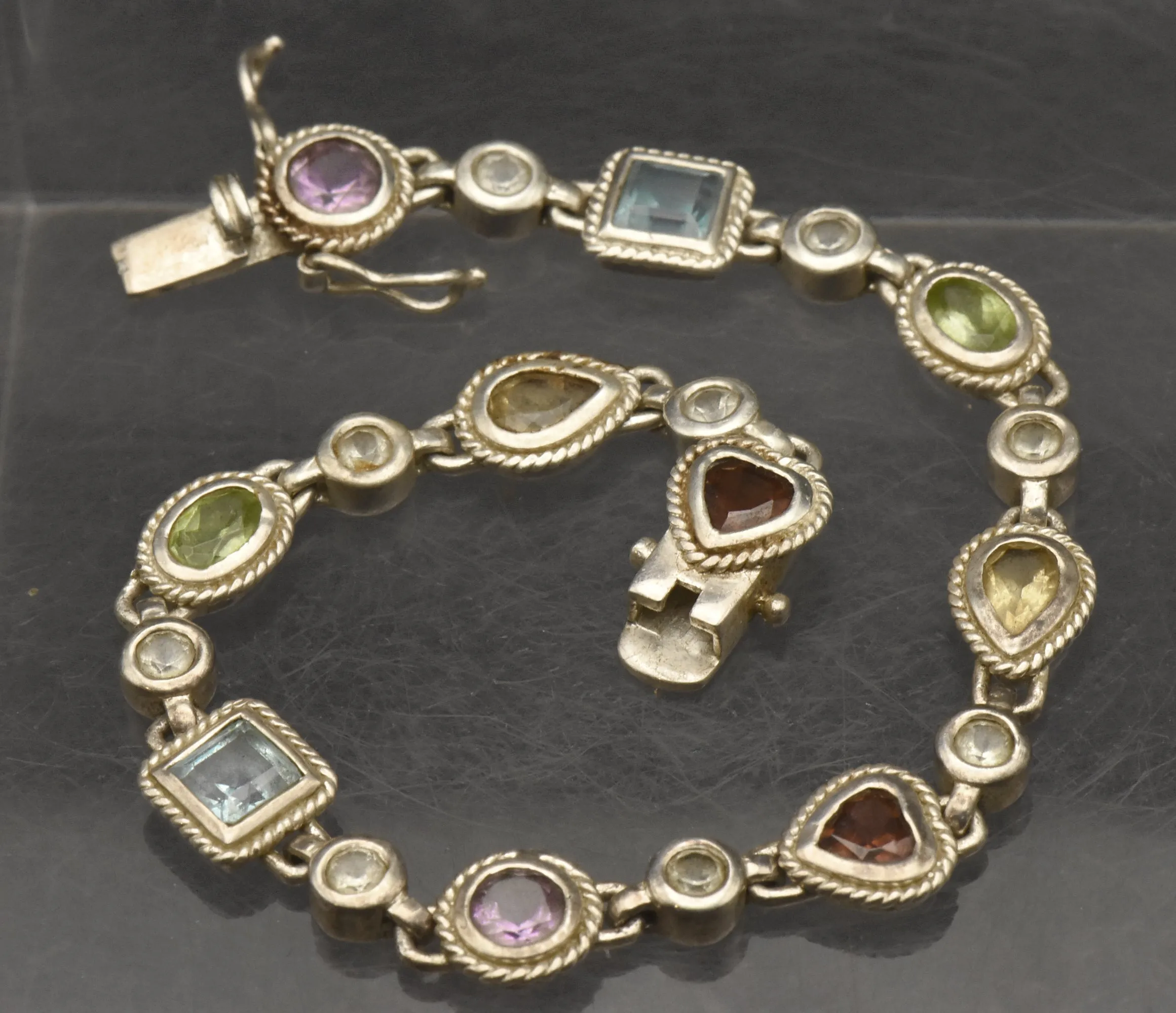 Vintage Sterling Silver Multi-Gemstone Link Bracelet - 7.25"