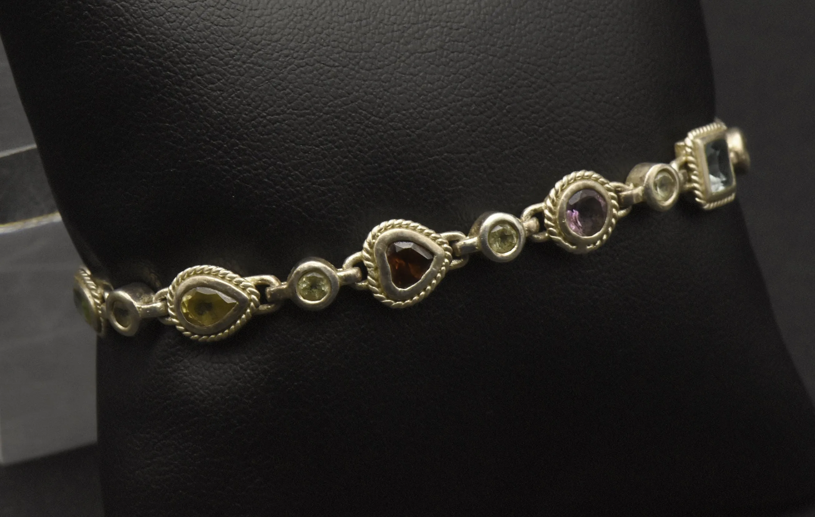 Vintage Sterling Silver Multi-Gemstone Link Bracelet - 7.25"