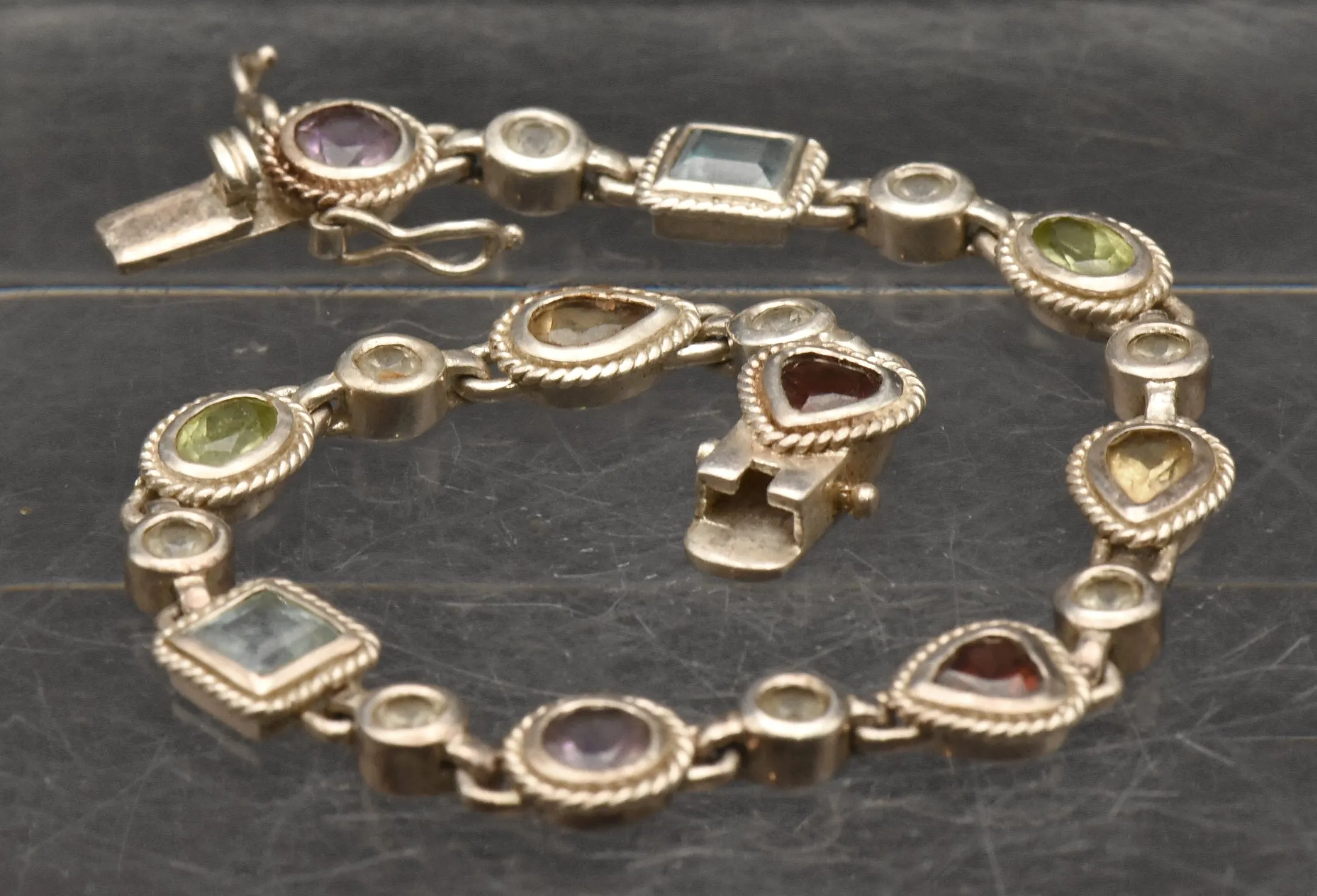 Vintage Sterling Silver Multi-Gemstone Link Bracelet - 7.25"