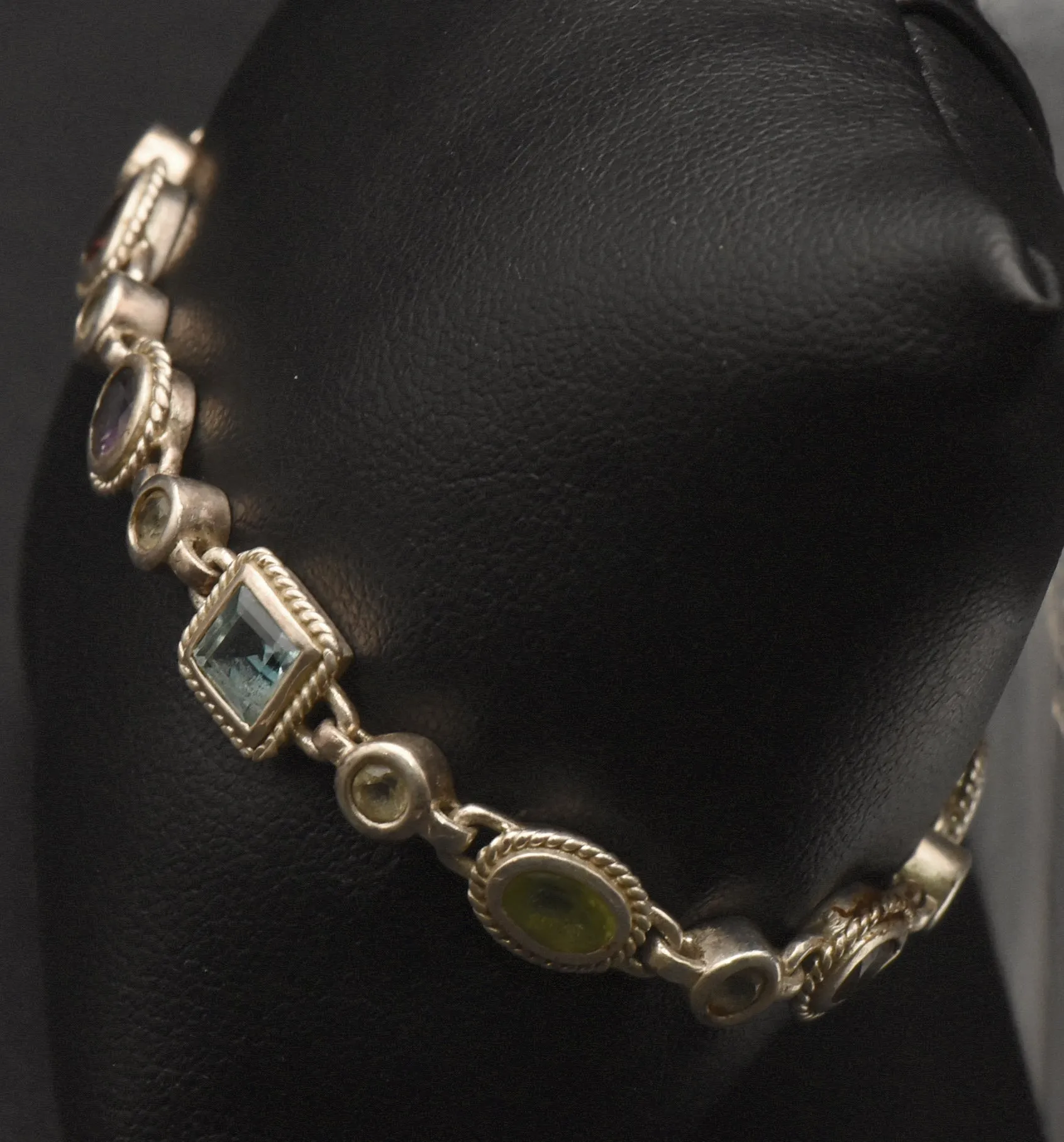 Vintage Sterling Silver Multi-Gemstone Link Bracelet - 7.25"