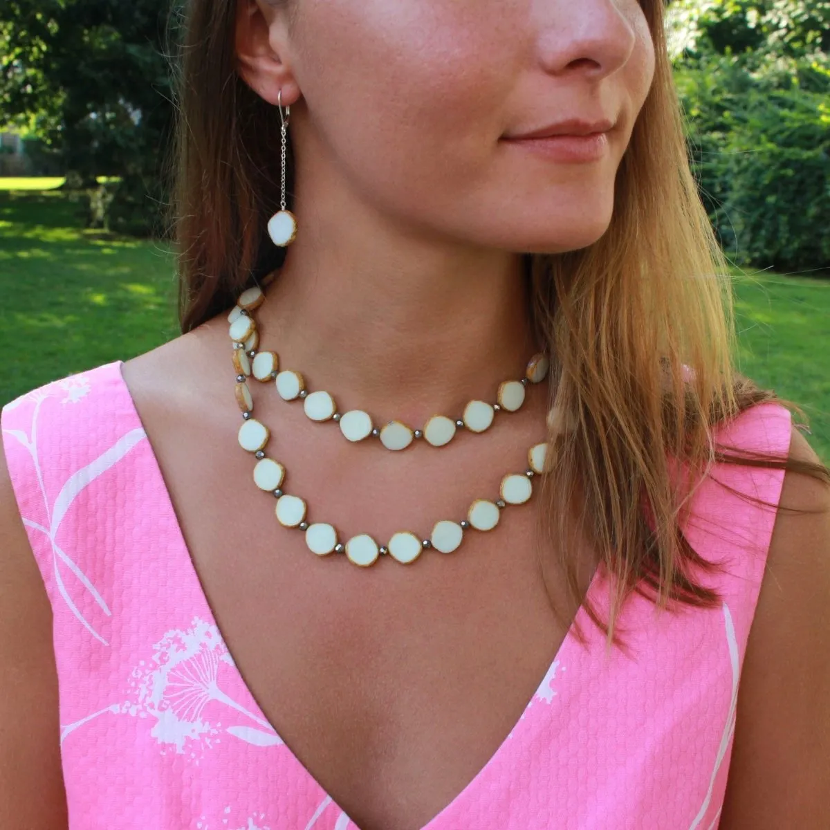 White 38" Long Circle Glass Beaded Necklace