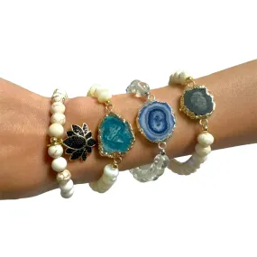 White druzy and charm beaded bracelet stack