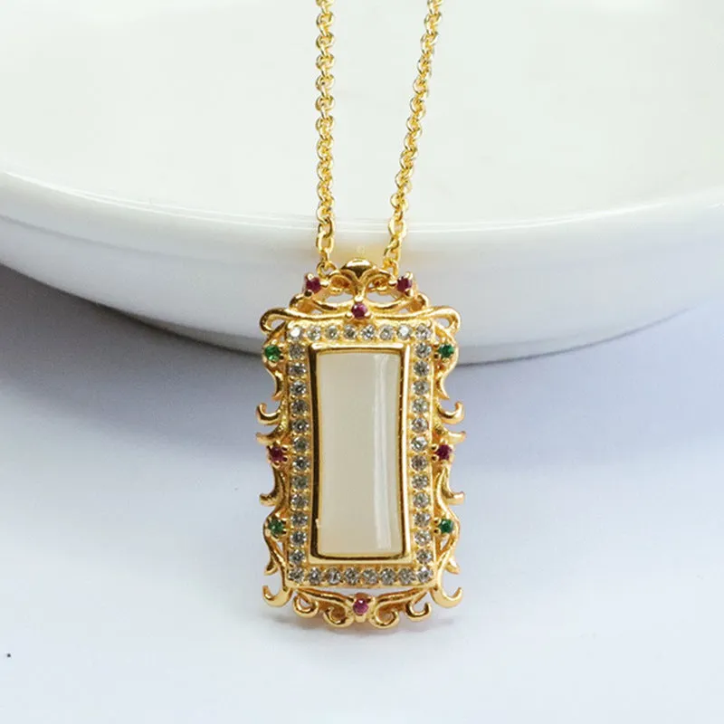 White Jade Pendant Necklace with Colorful Zircon Accents