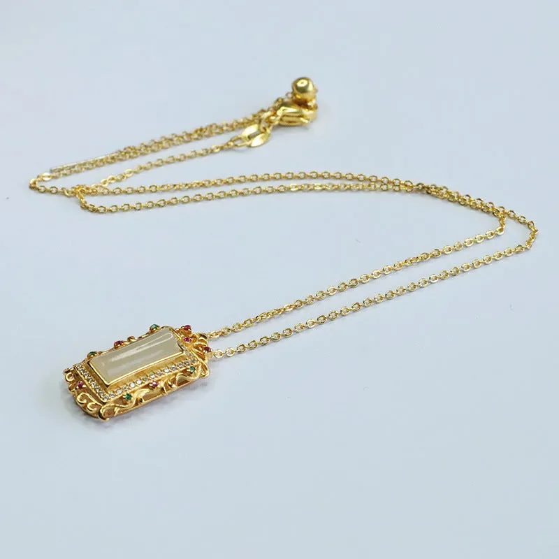 White Jade Pendant Necklace with Colorful Zircon Accents