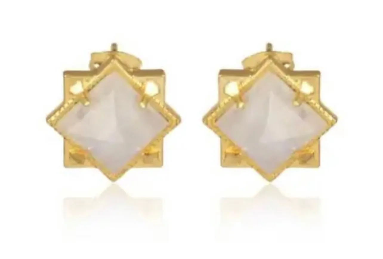 White Moonstone Pyramid Stud Earrings