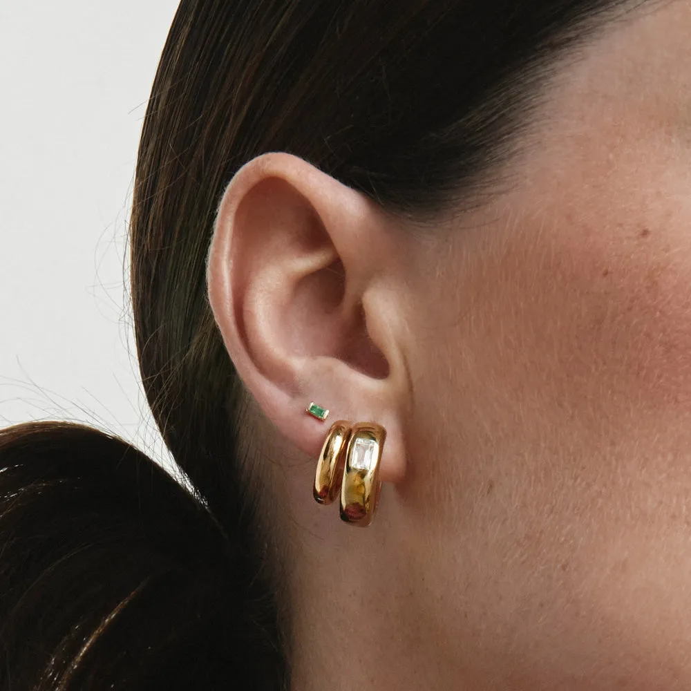 White Topaz Baguette Curve Huggies in Gold