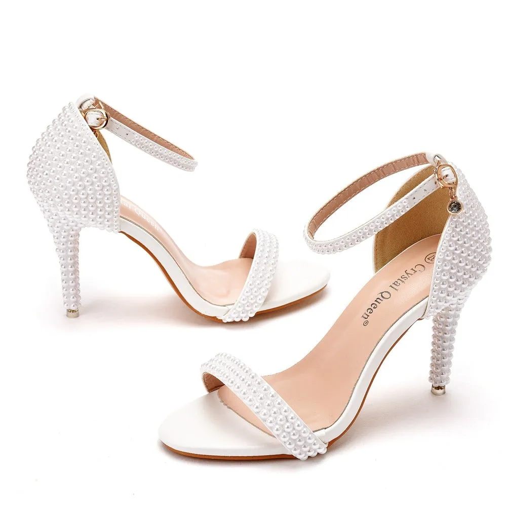 Women rhinestone buckle ring strap peep toe side cut high heels
