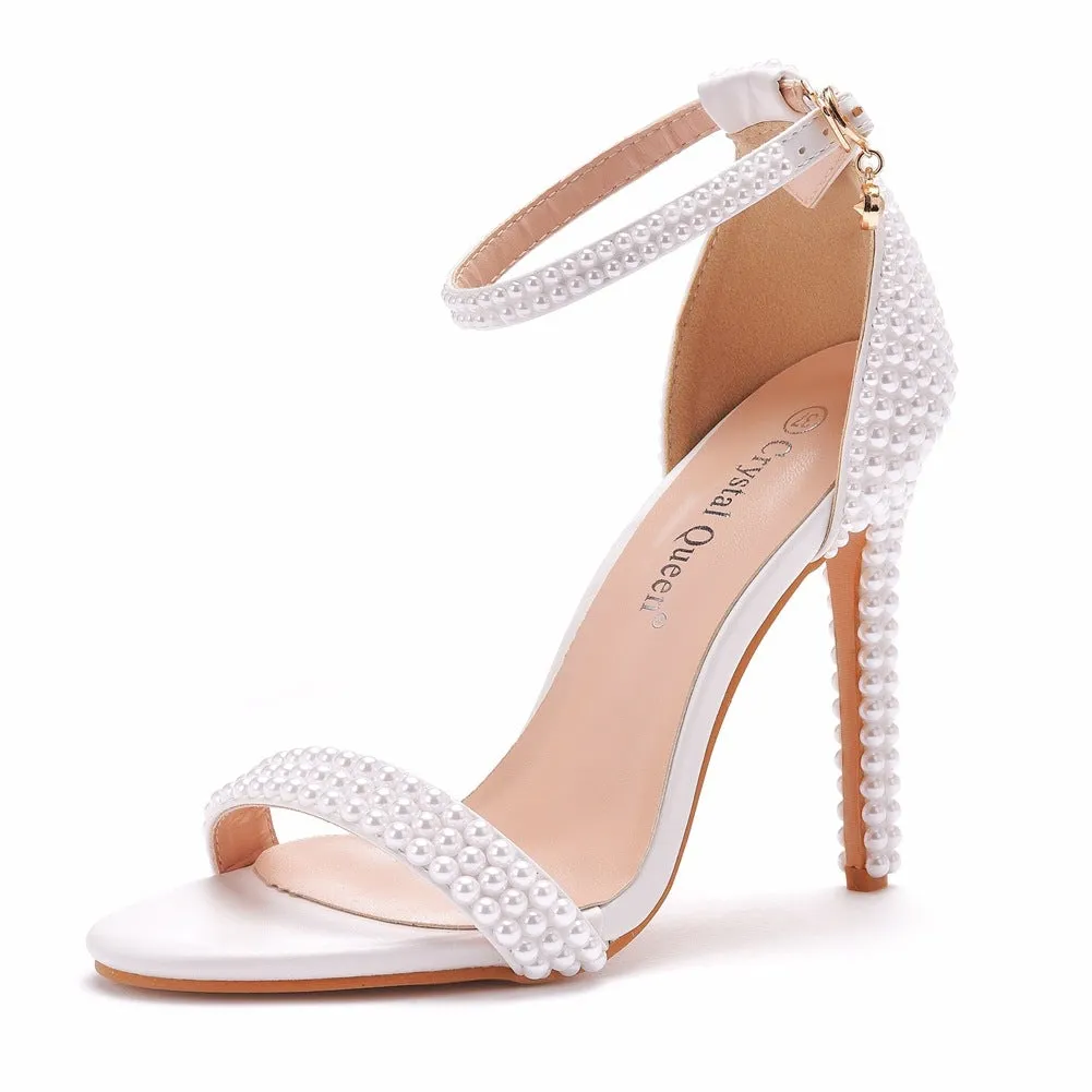 Women rhinestone buckle ring strap peep toe side cut high heels