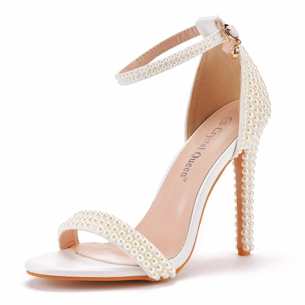 Women rhinestone buckle ring strap peep toe side cut high heels
