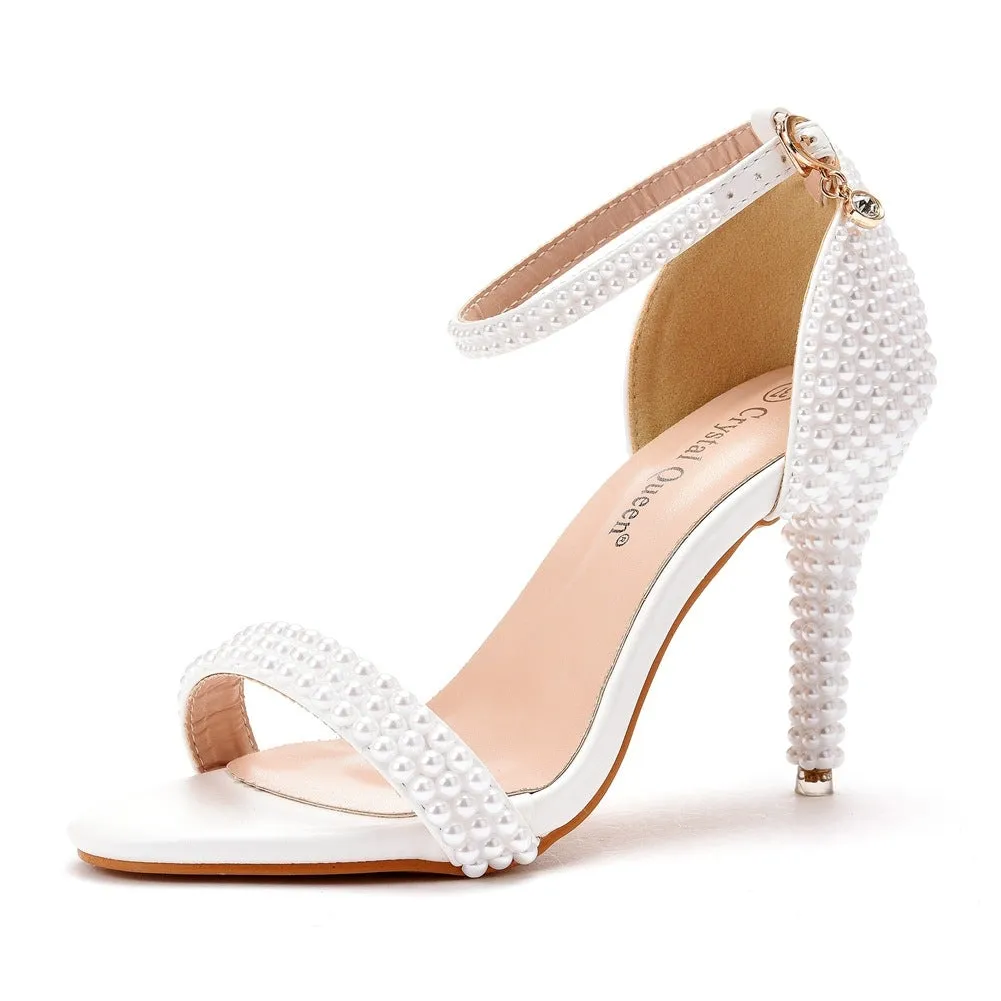 Women rhinestone buckle ring strap peep toe side cut high heels