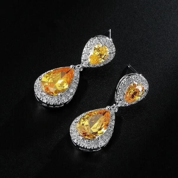 Yellow & White Crystal Rhinestone Silver Dangle Earrings