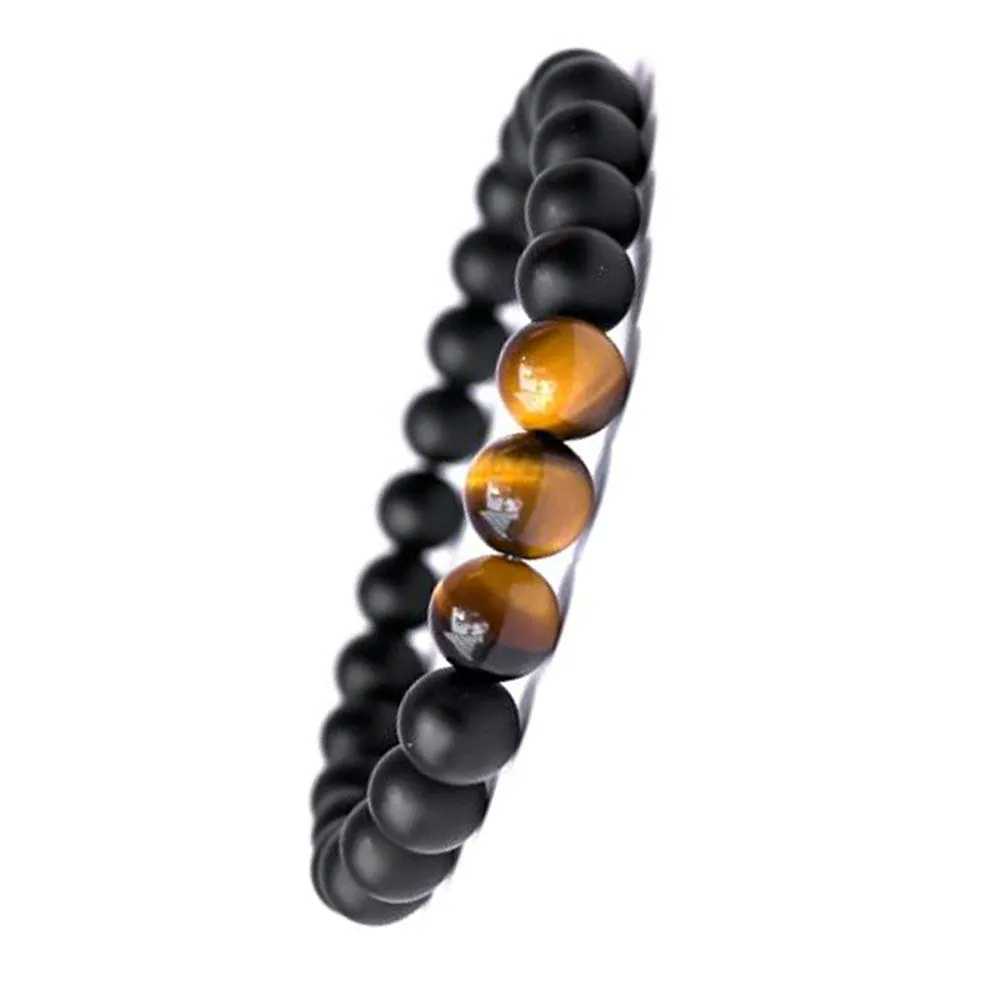 Yellow Chimes Reiki Healing Black Natural Tiger Eye Stone Beads Matte Three Lucky Beads Bracelet for Men and Boy's