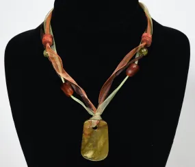 Yellow Jade, Citrine, Carnelian, Red Coral Pendant Ribbon Necklace